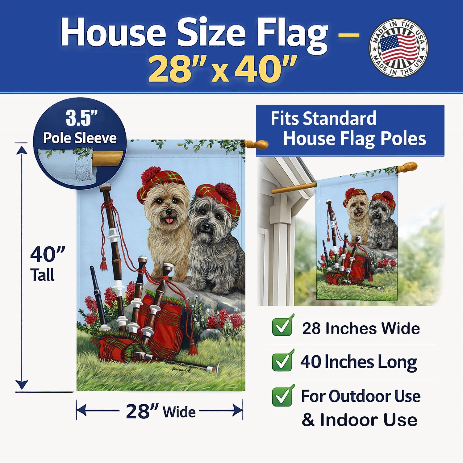 Cairn Terrier Pipers House Flag 28x40 Porch Sleeve Pole Decorative Outside Yard Banner Artwork Wall Hanging, Polyester