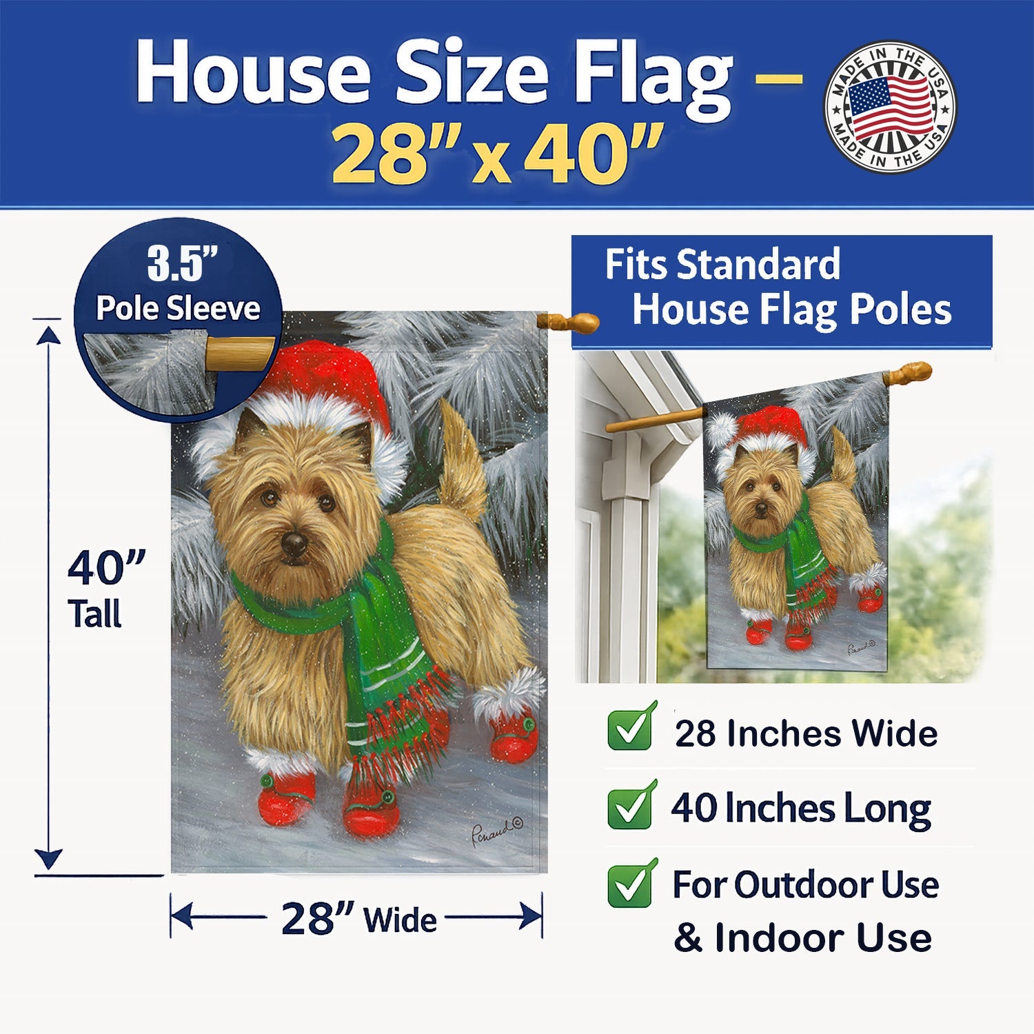 Cairn Terrier Christmas Red Boots House Flag 28x40 Porch Sleeve Pole Decorative Outside Yard Banner Artwork Wall Hanging, Polyester