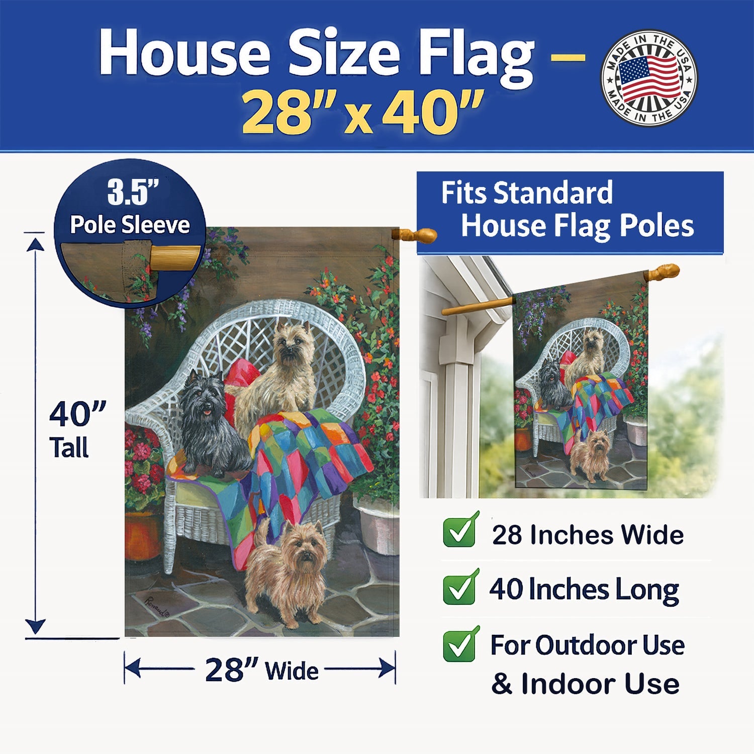 Cairn Terrier Trio House Flag 28x40 Porch Sleeve Pole Decorative Outside Yard Banner Artwork Wall Hanging, Polyester