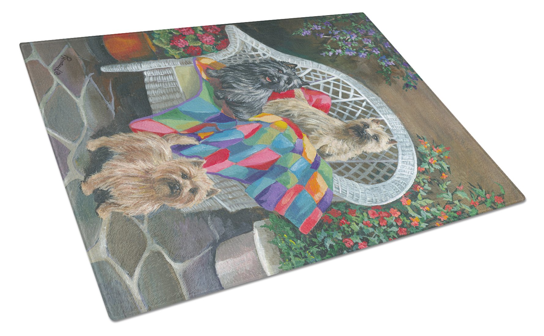 Cairn Terrier Trio Cutting Board Tempered Glass Kitchen Cutting Surface, Heat Resistant Chopping, Non-Slip Feet, Food Prep & Serving