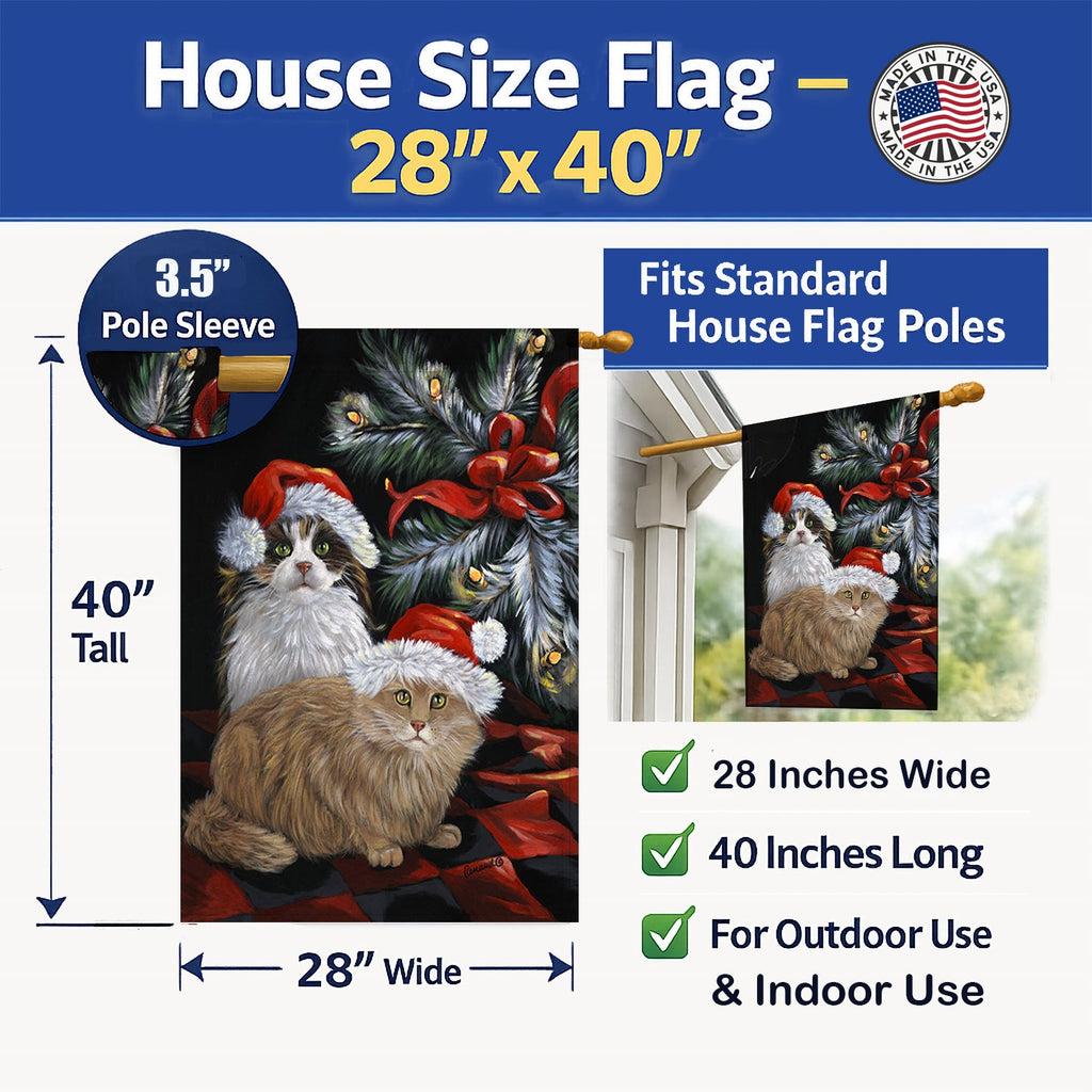 Cat Kitty Glitter Christmas House Flag 28x40 Porch Sleeve Pole Decorative Outside Yard Banner Artwork Wall Hanging, Polyester