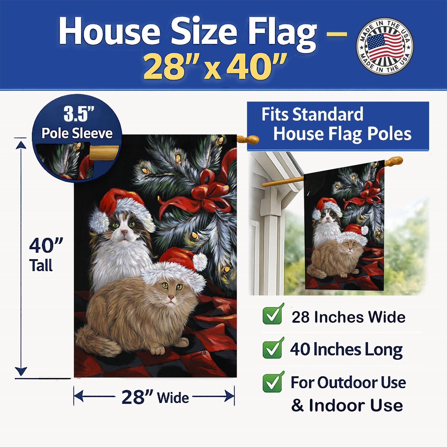 Cat Kitty Glitter Christmas House Flag 28x40 Porch Sleeve Pole Decorative Outside Yard Banner Artwork Wall Hanging, Polyester