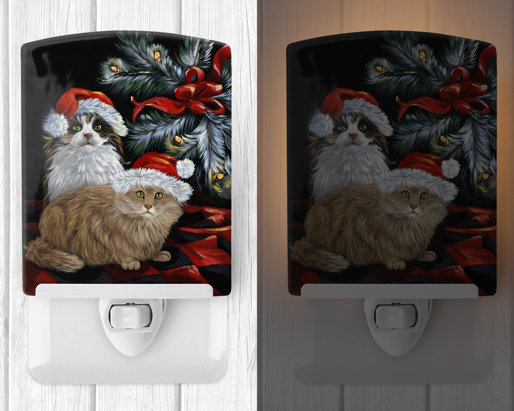 Cat Kitty Glitter Christmas Ceramic Night Light Compact, UL-Certified, Ideal for Bedroom, Bathroom, Nursery, Hallway, Kitchen, 6x4x3, Multicolor