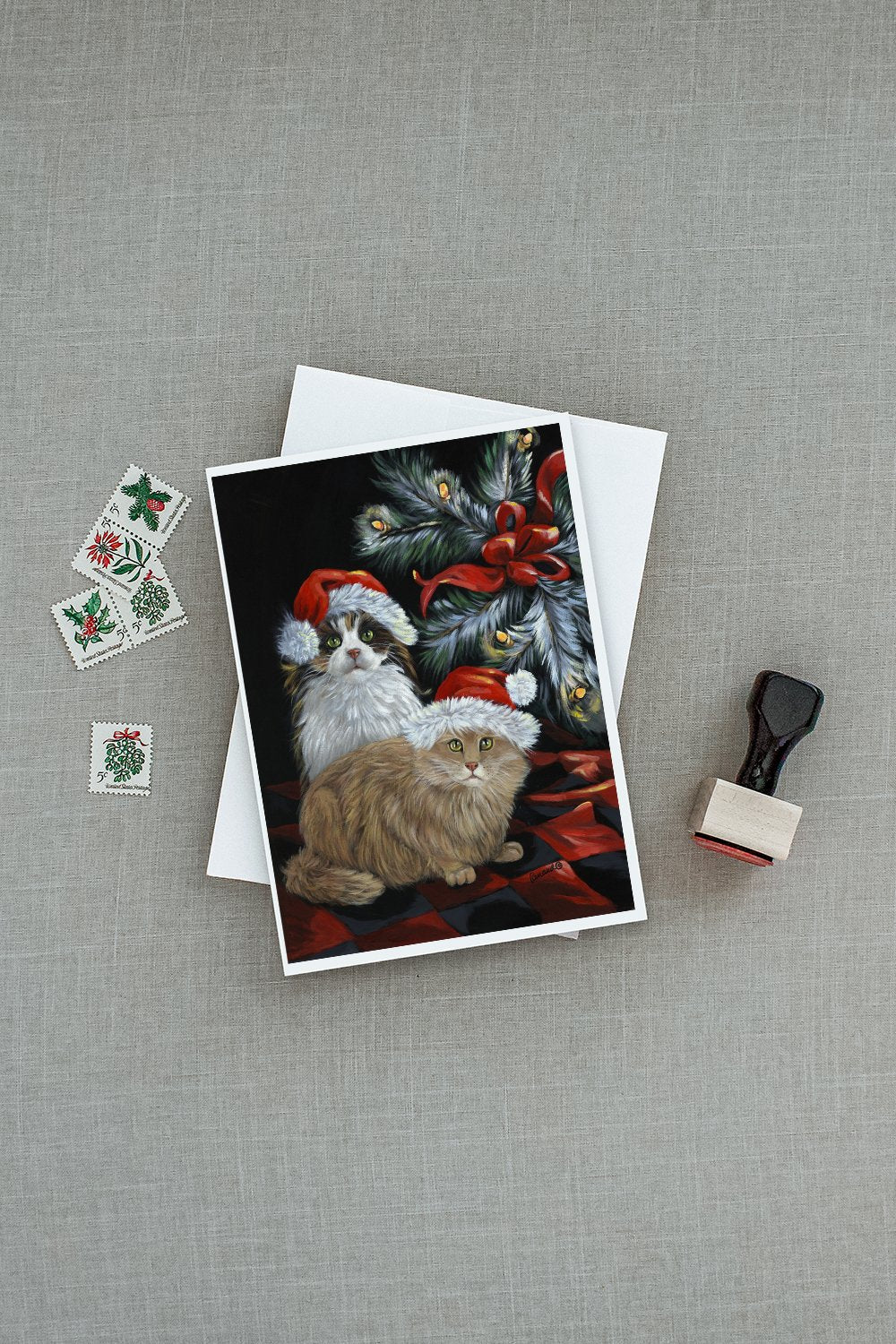 Cat Kitty Glitter Christmas Greeting Cards Pack of 8 Blank Cards with Envelopes Whimsical A7 Size 5x7