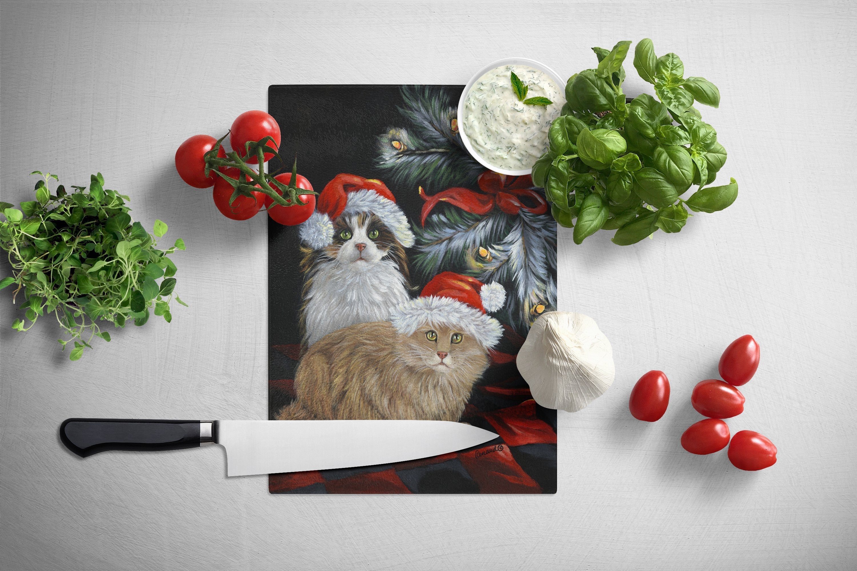 Cat Kitty Glitter Christmas Cutting Board Tempered Glass Kitchen Cutting Surface, Heat Resistant Chopping, Non-Slip Feet, Food Prep & Serving