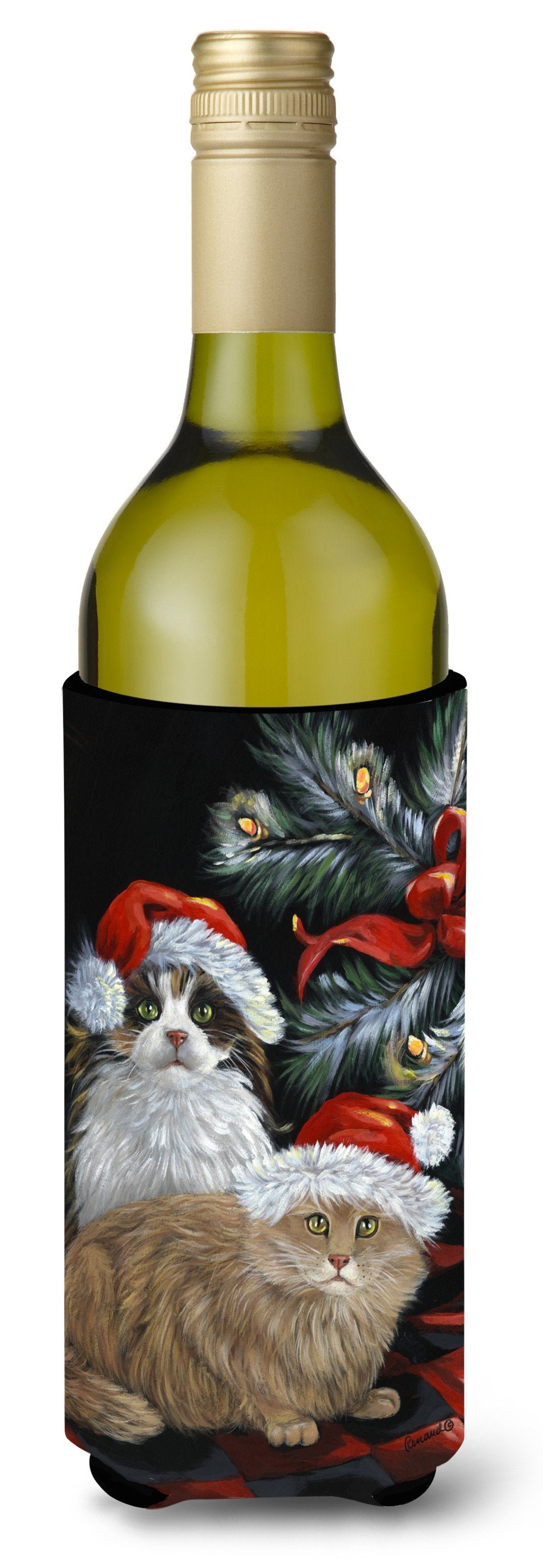 Cat Kitty Glitter Christmas Wine Bottle Hugger Gift Sleeve for Standard 750 ml Bottles, Insulated Reusable Also Fits Mini Shot & Pint Bottles