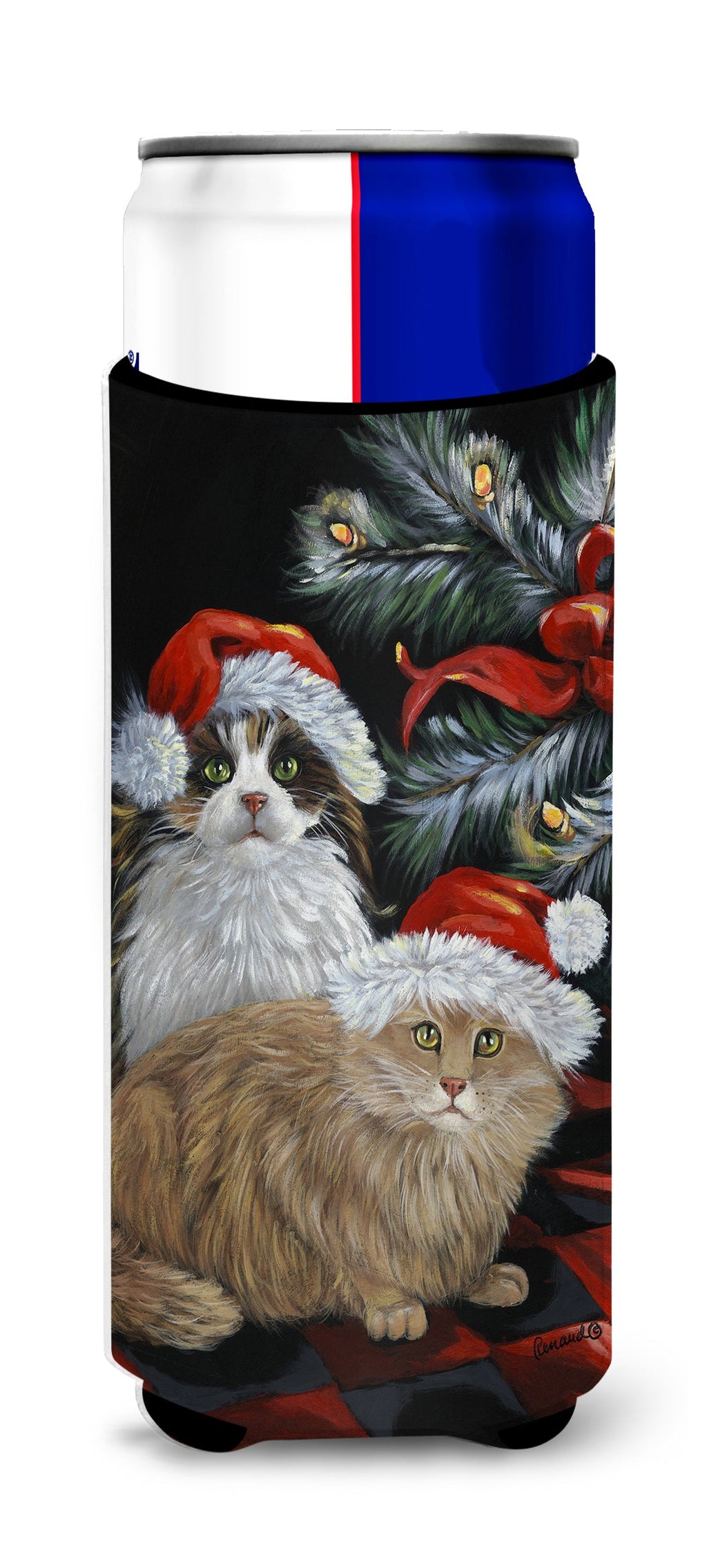 Cat Kitty Glitter Christmas Slim Can Hugger , Insulated Foam Hugger for 12 oz Slim Cans, Beer Bottles & Water Bottles, Printed in USA