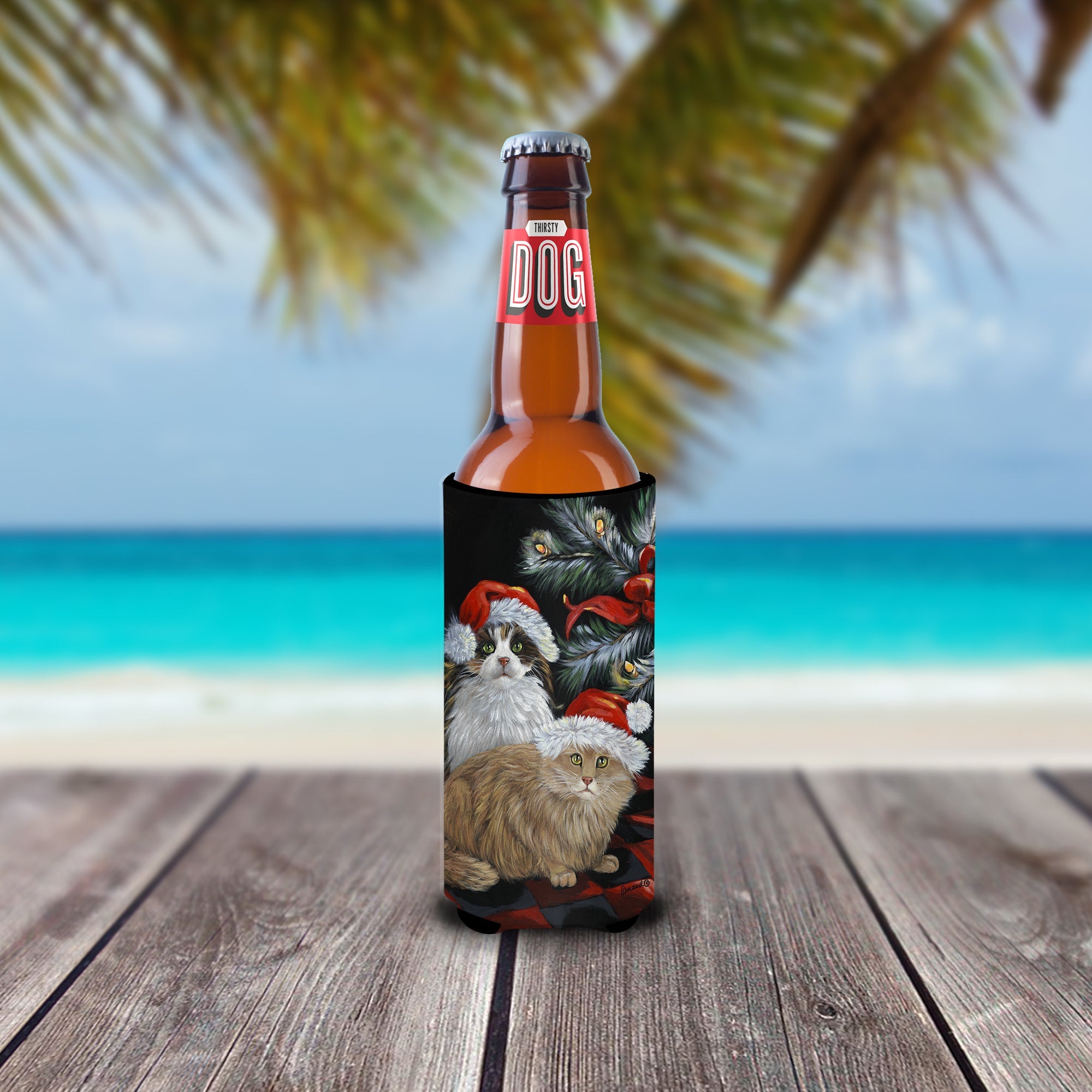 Cat Kitty Glitter Christmas Slim Can Hugger , Insulated Foam Hugger for 12 oz Slim Cans, Beer Bottles & Water Bottles, Printed in USA