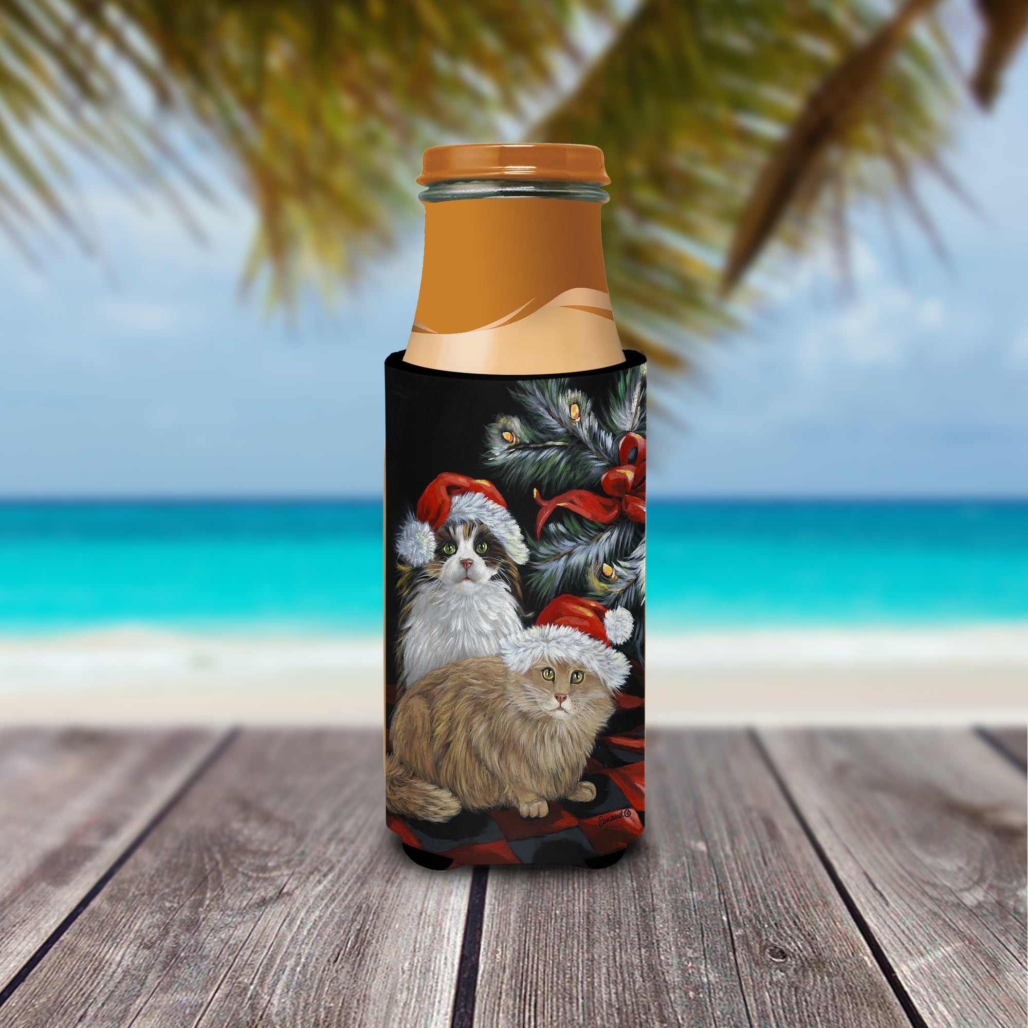 Cat Kitty Glitter Christmas Slim Can Hugger , Insulated Foam Hugger for 12 oz Slim Cans, Beer Bottles & Water Bottles, Printed in USA