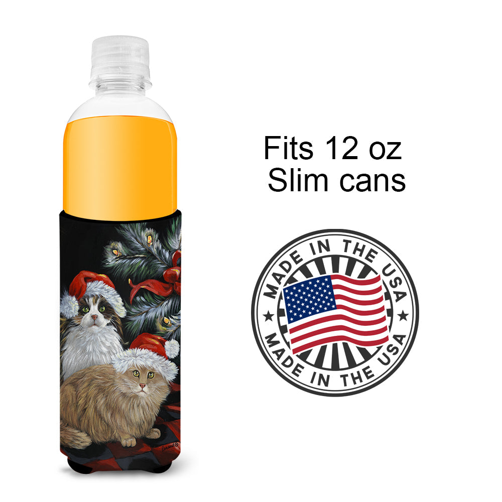 Cat Kitty Glitter Christmas Slim Can Hugger , Insulated Foam Hugger for 12 oz Slim Cans, Beer Bottles & Water Bottles, Printed in USA