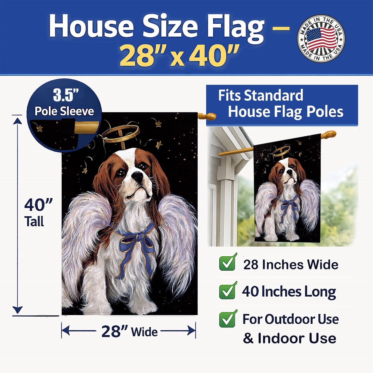 Cavalier Spaniel Christmas Angel House Flag 28x40 Porch Sleeve Pole Decorative Outside Yard Banner Artwork Wall Hanging, Polyester