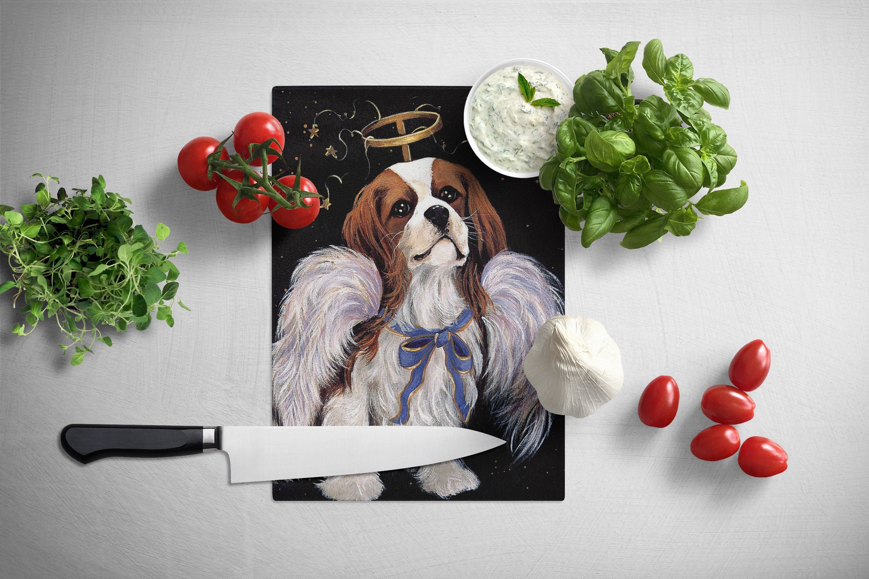 Cavalier Spaniel Christmas Angel Cutting Board Tempered Glass Kitchen Cutting Surface, Heat Resistant Chopping, Non-Slip Feet, Food Prep & Serving