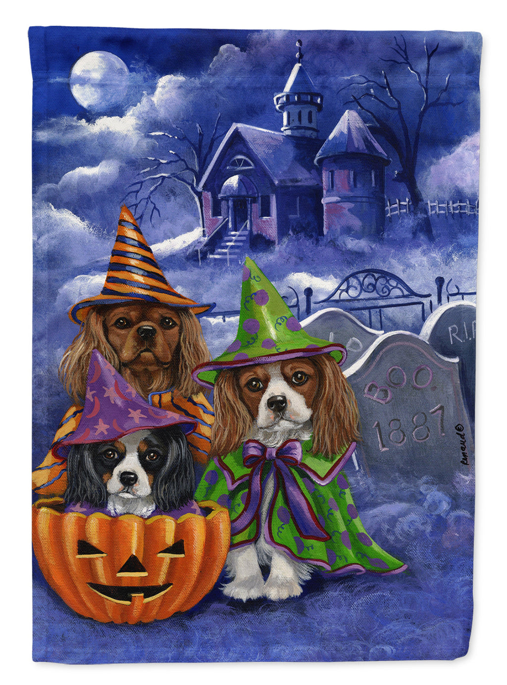 Cavalier Spaniel Halloween House House Flag 28x40 Porch Sleeve Pole Decorative Outside Yard Banner Artwork Wall Hanging, Polyester