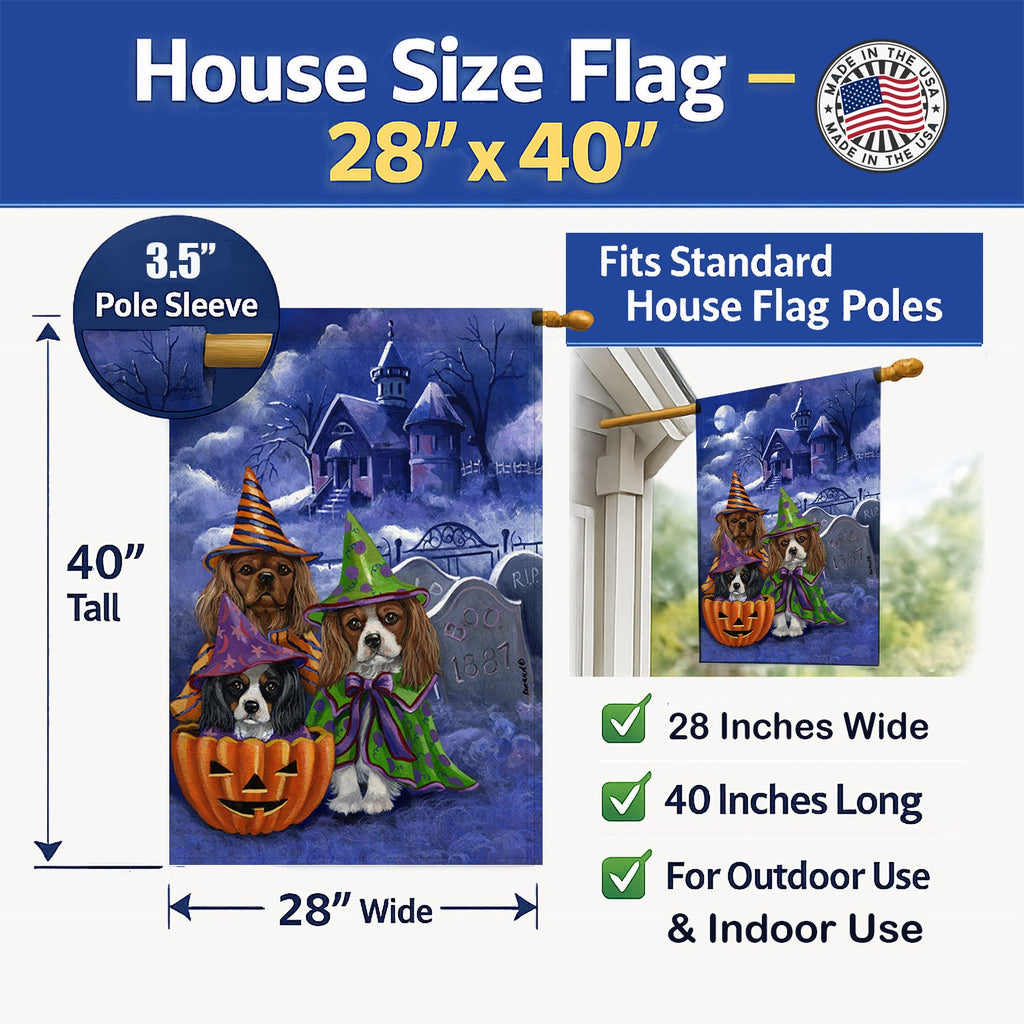 Cavalier Spaniel Halloween House House Flag 28x40 Porch Sleeve Pole Decorative Outside Yard Banner Artwork Wall Hanging, Polyester