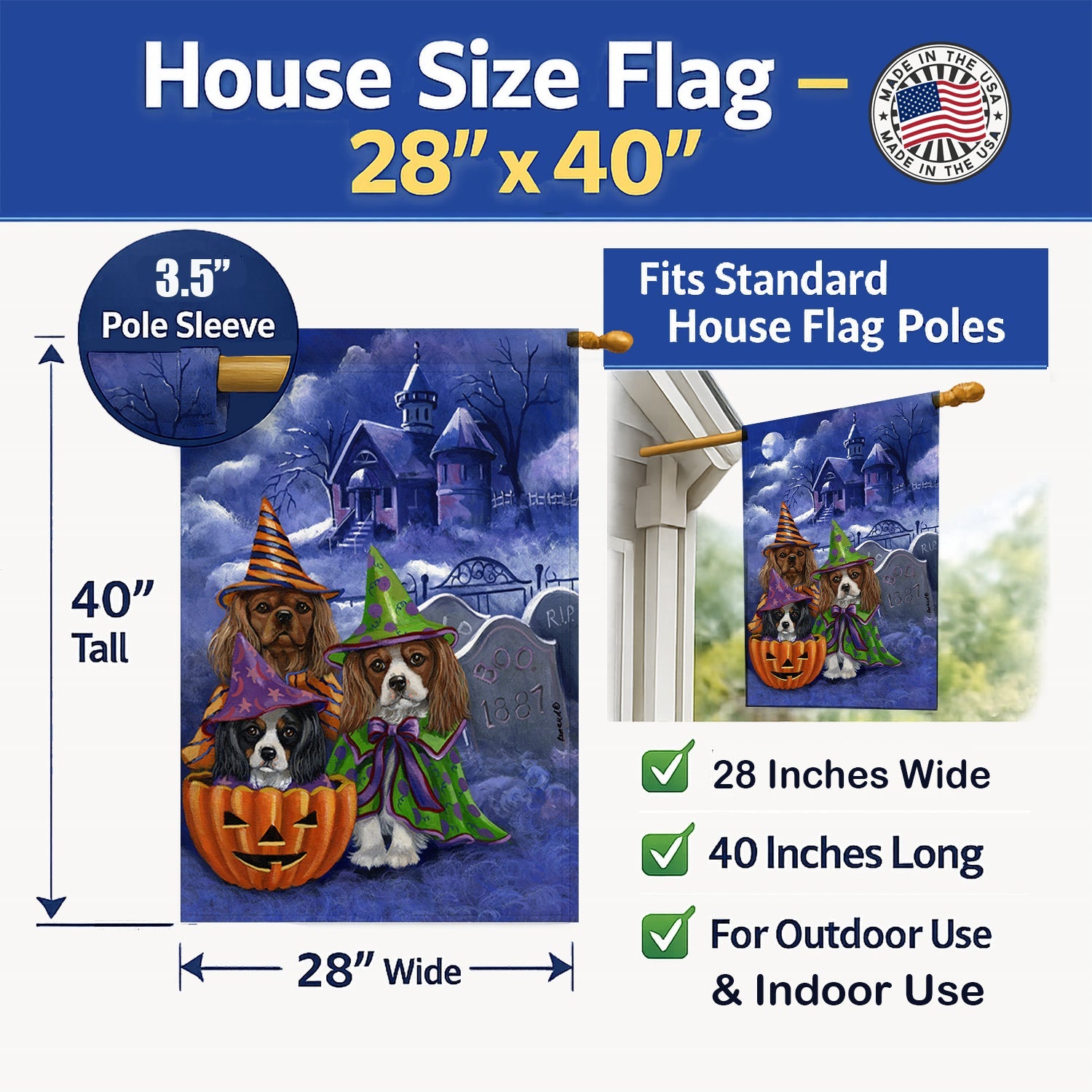 Cavalier Spaniel Halloween House House Flag 28x40 Porch Sleeve Pole Decorative Outside Yard Banner Artwork Wall Hanging, Polyester