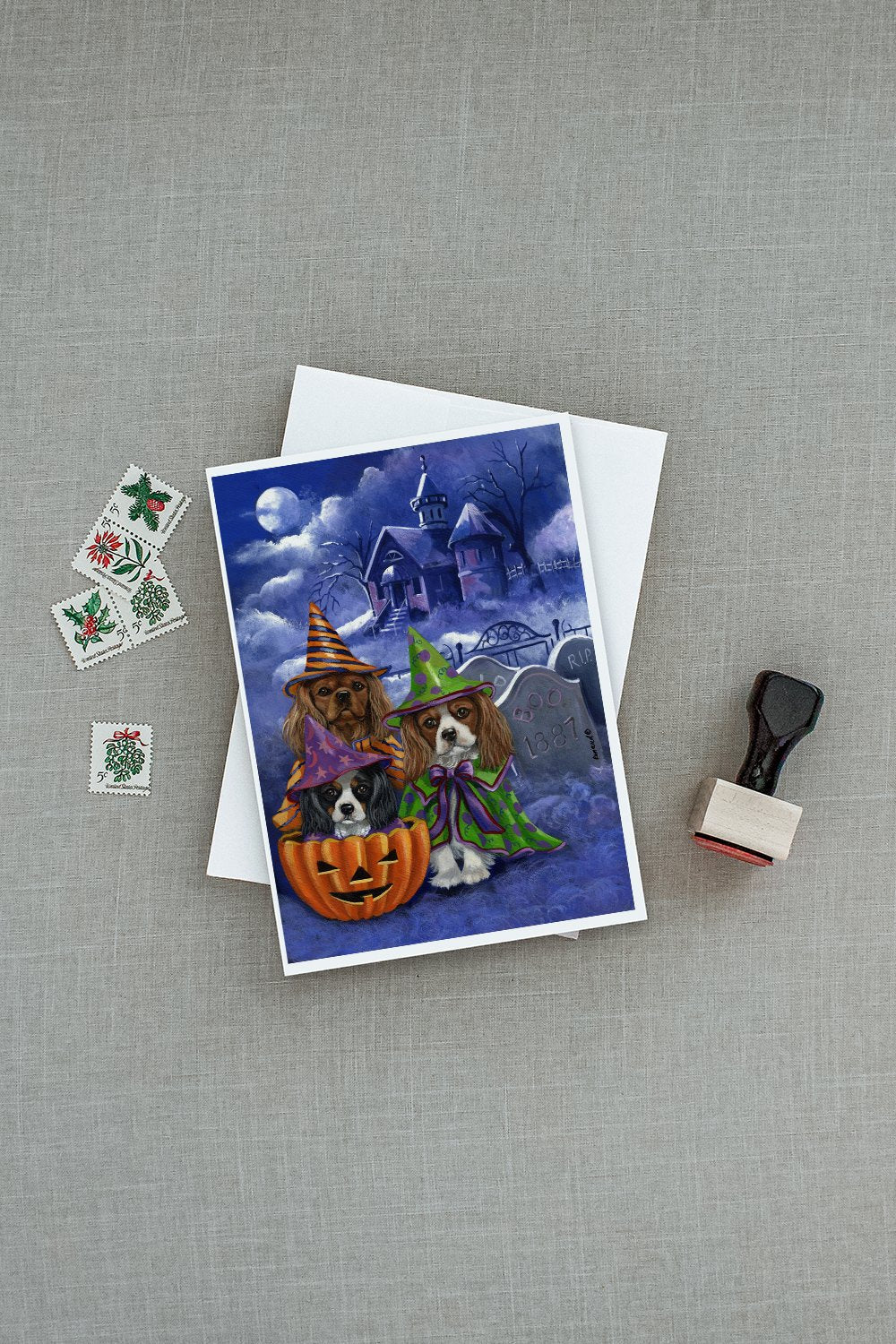Cavalier Spaniel Halloween House Greeting Cards Pack of 8 Blank Cards with Envelopes Whimsical A7 Size 5x7