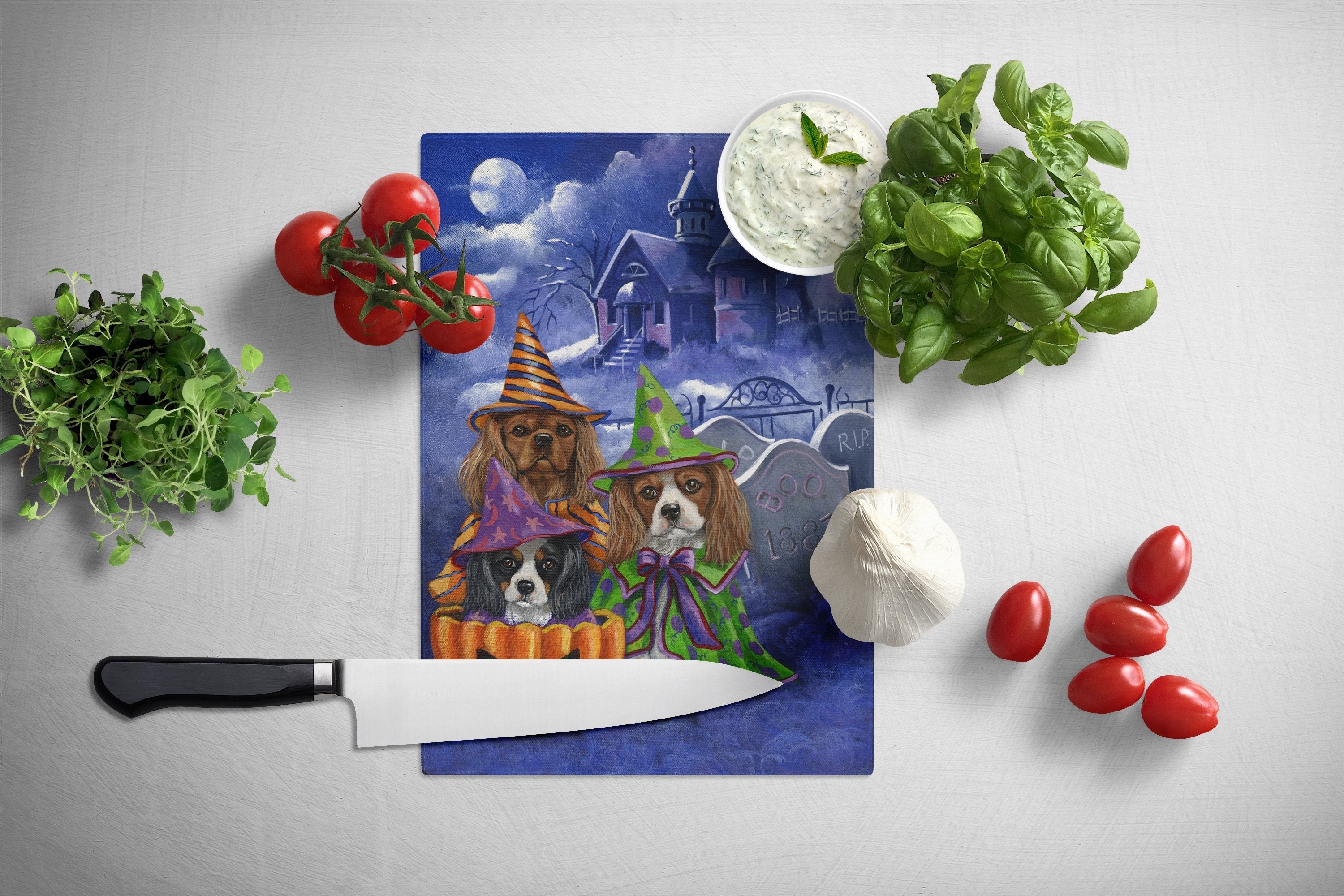 Cavalier Spaniel Halloween House Cutting Board Tempered Glass Kitchen Cutting Surface, Heat Resistant Chopping, Non-Slip Feet, Food Prep & Serving