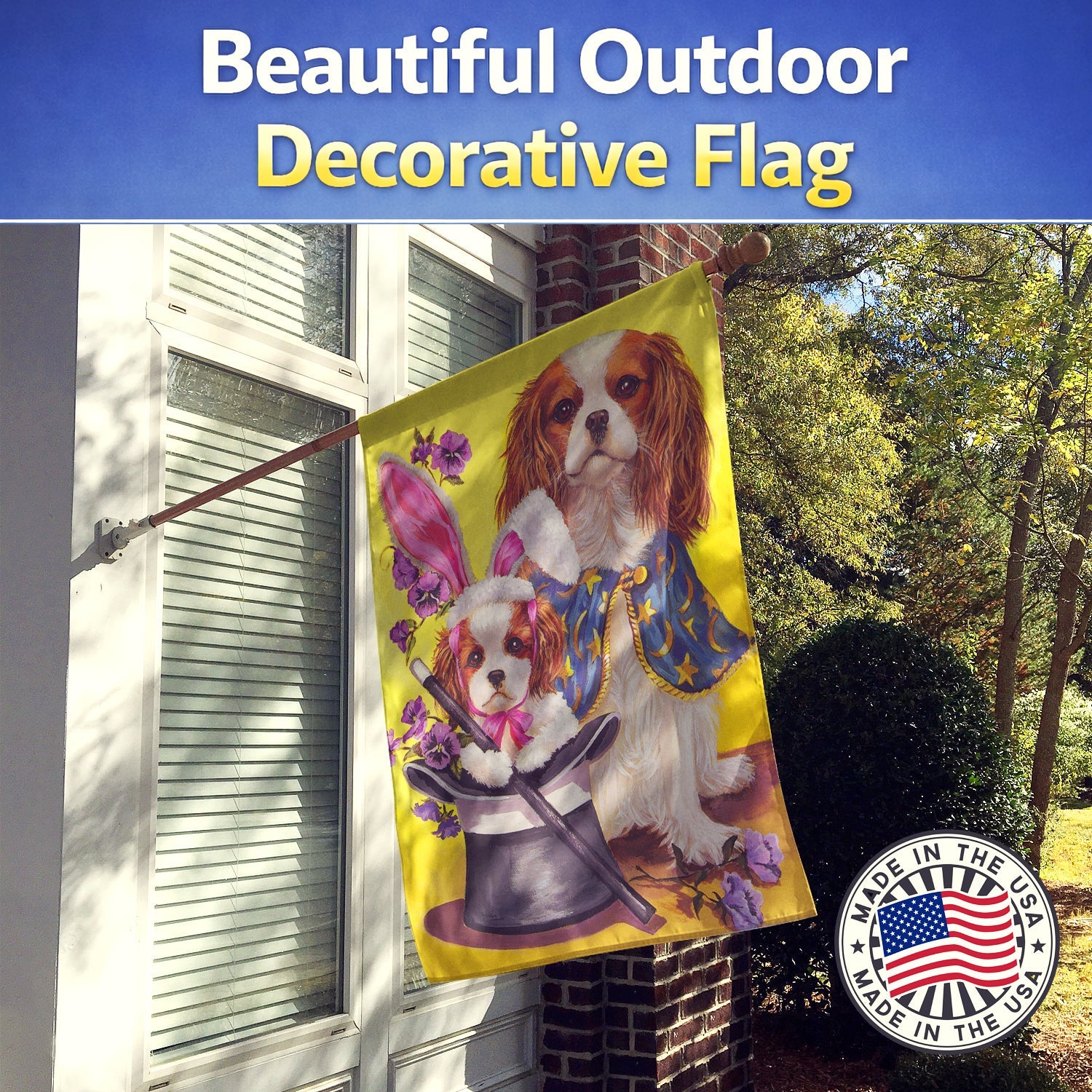 Cavalier Spaniel Easter Magic House Flag 28x40 Porch Sleeve Pole Decorative Outside Yard Banner Artwork Wall Hanging, Polyester