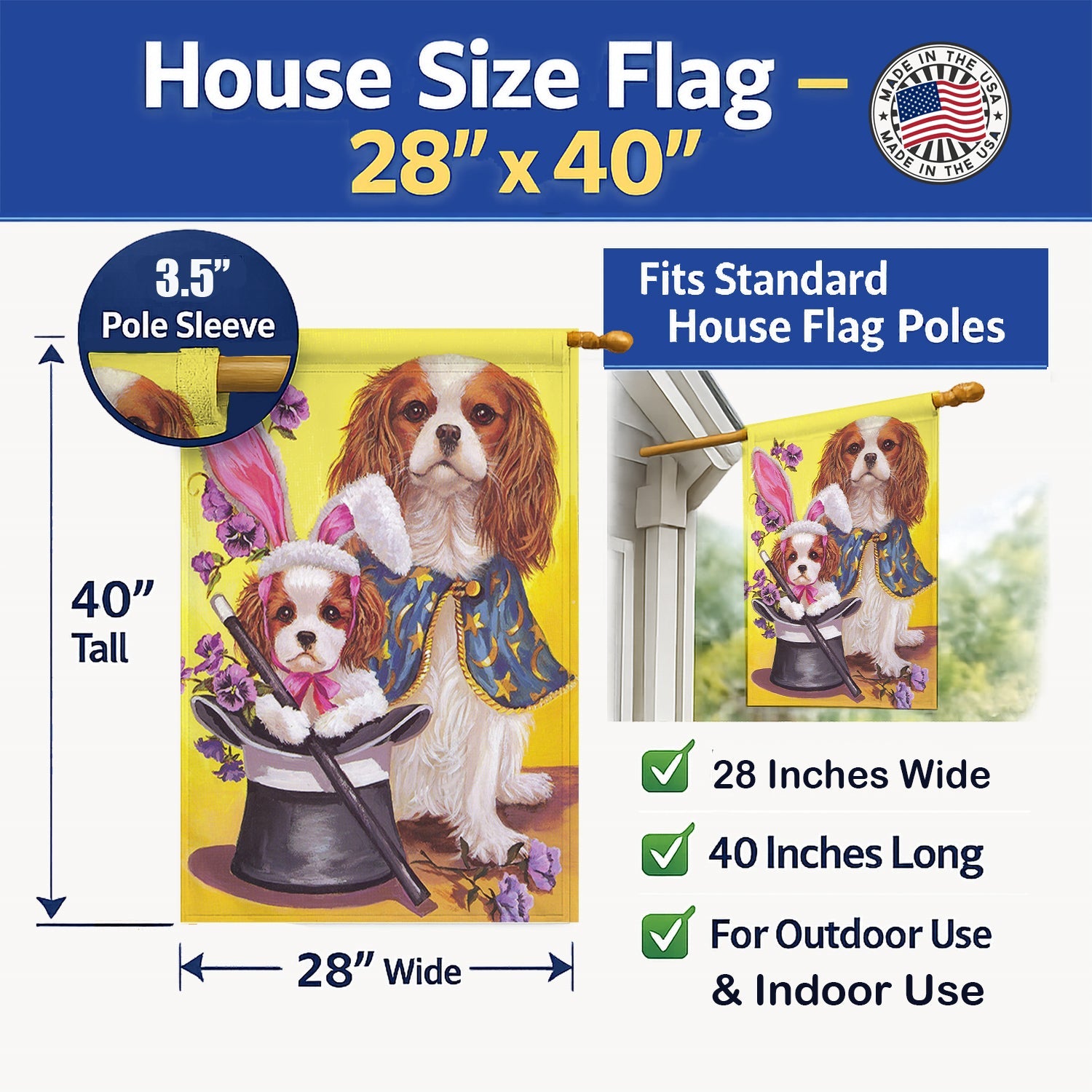 Cavalier Spaniel Easter Magic House Flag 28x40 Porch Sleeve Pole Decorative Outside Yard Banner Artwork Wall Hanging, Polyester