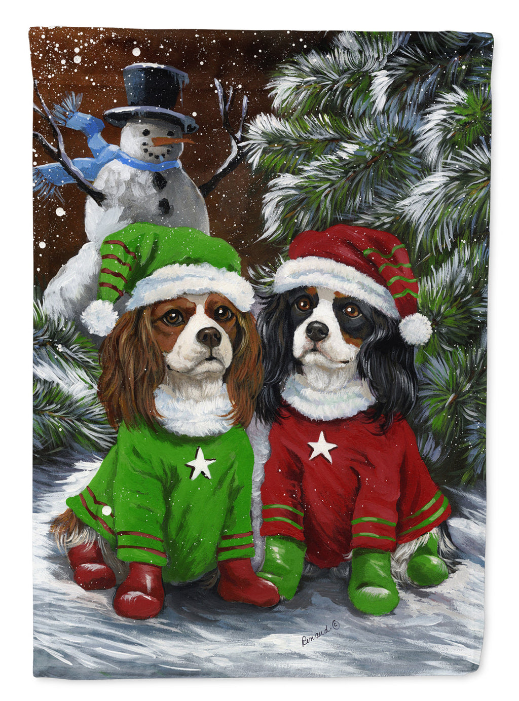 Cavalier Spaniel Snowman Christmas House Flag 28x40 Porch Sleeve Pole Decorative Outside Yard Banner Artwork Wall Hanging, Polyester
