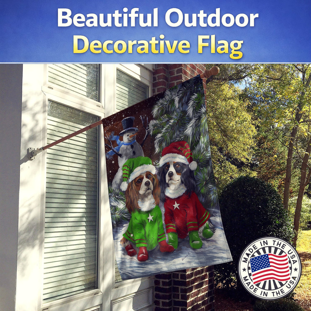 Cavalier Spaniel Snowman Christmas House Flag 28x40 Porch Sleeve Pole Decorative Outside Yard Banner Artwork Wall Hanging, Polyester
