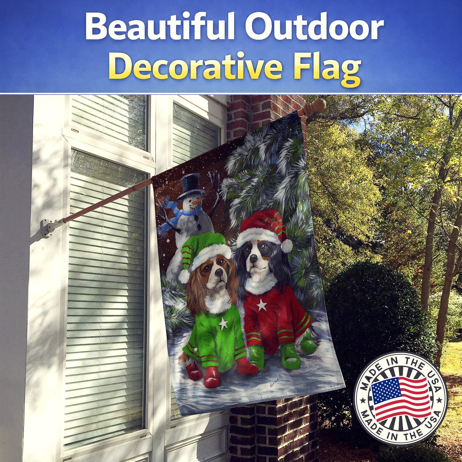 Cavalier Spaniel Snowman Christmas House Flag 28x40 Porch Sleeve Pole Decorative Outside Yard Banner Artwork Wall Hanging, Polyester