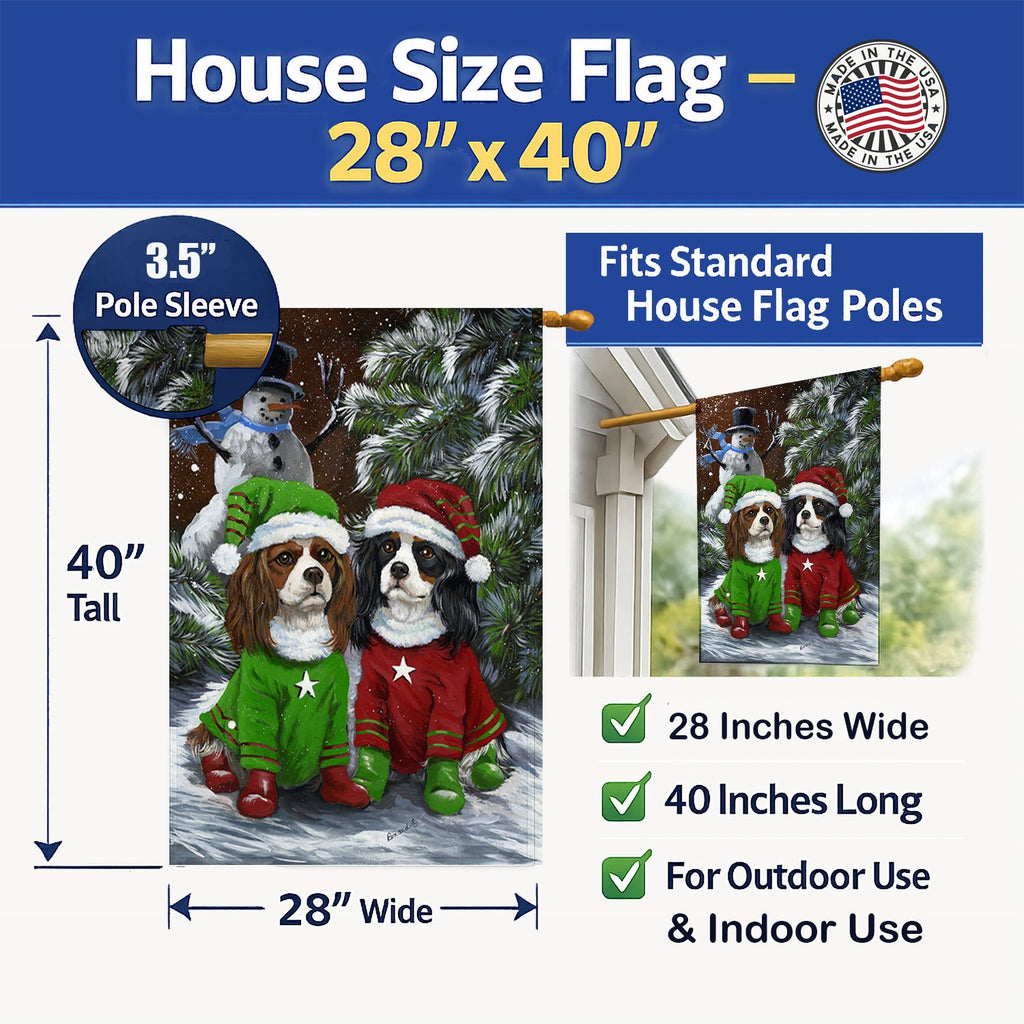Cavalier Spaniel Snowman Christmas House Flag 28x40 Porch Sleeve Pole Decorative Outside Yard Banner Artwork Wall Hanging, Polyester