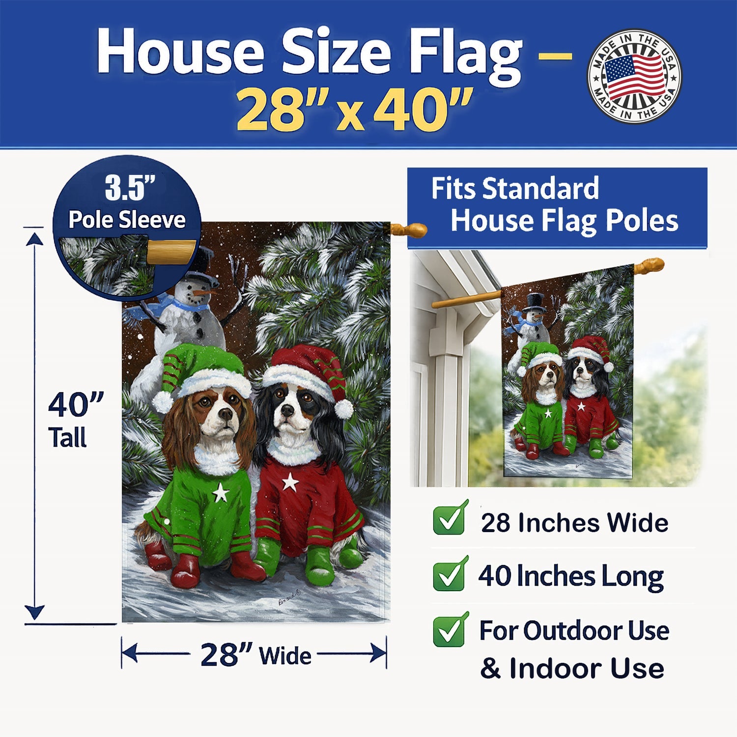 Cavalier Spaniel Snowman Christmas House Flag 28x40 Porch Sleeve Pole Decorative Outside Yard Banner Artwork Wall Hanging, Polyester
