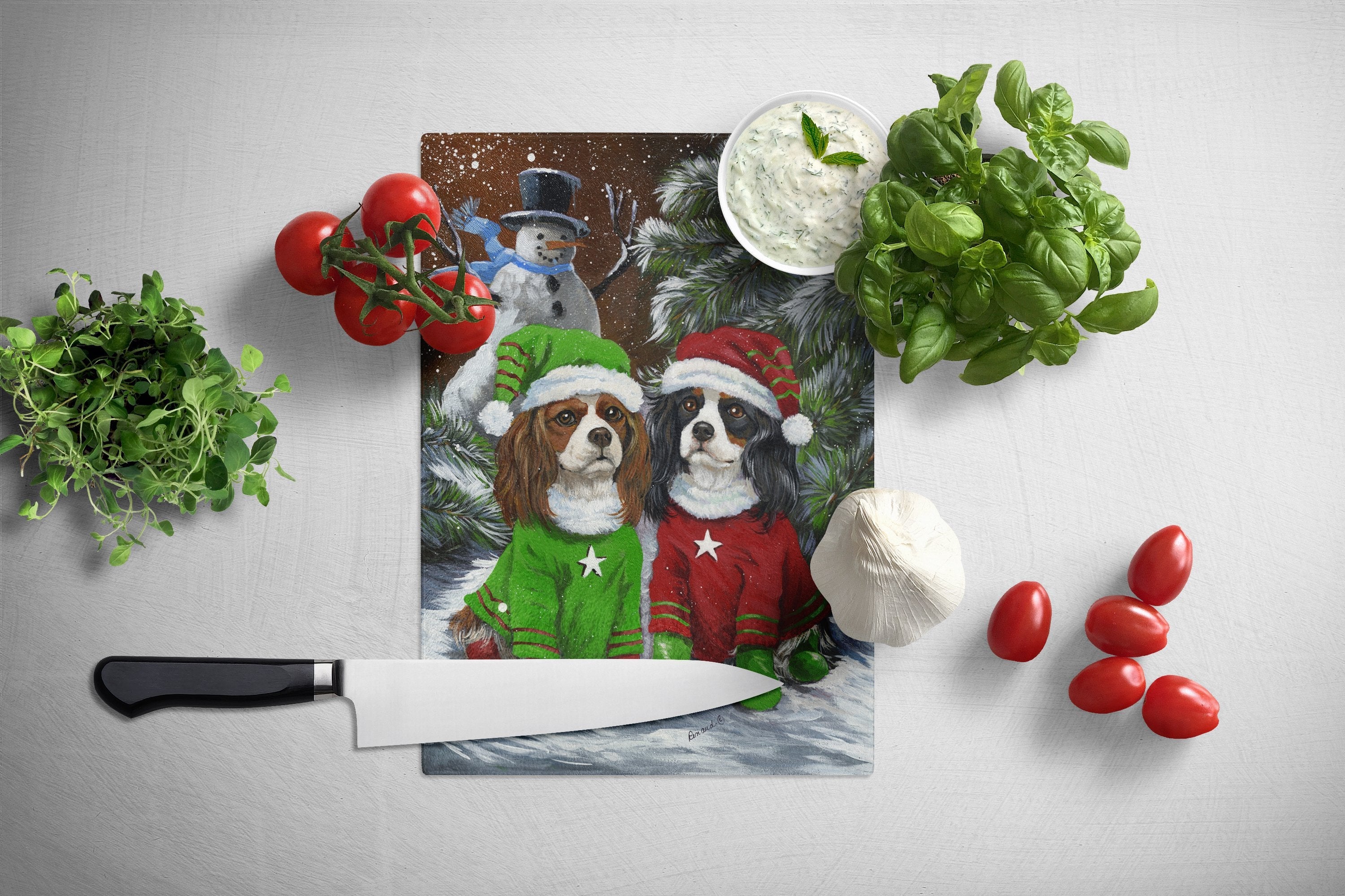 Cavalier Spaniel Snowman Christmas Cutting Board Tempered Glass Kitchen Cutting Surface, Heat Resistant Chopping, Non-Slip Feet, Food Prep & Serving