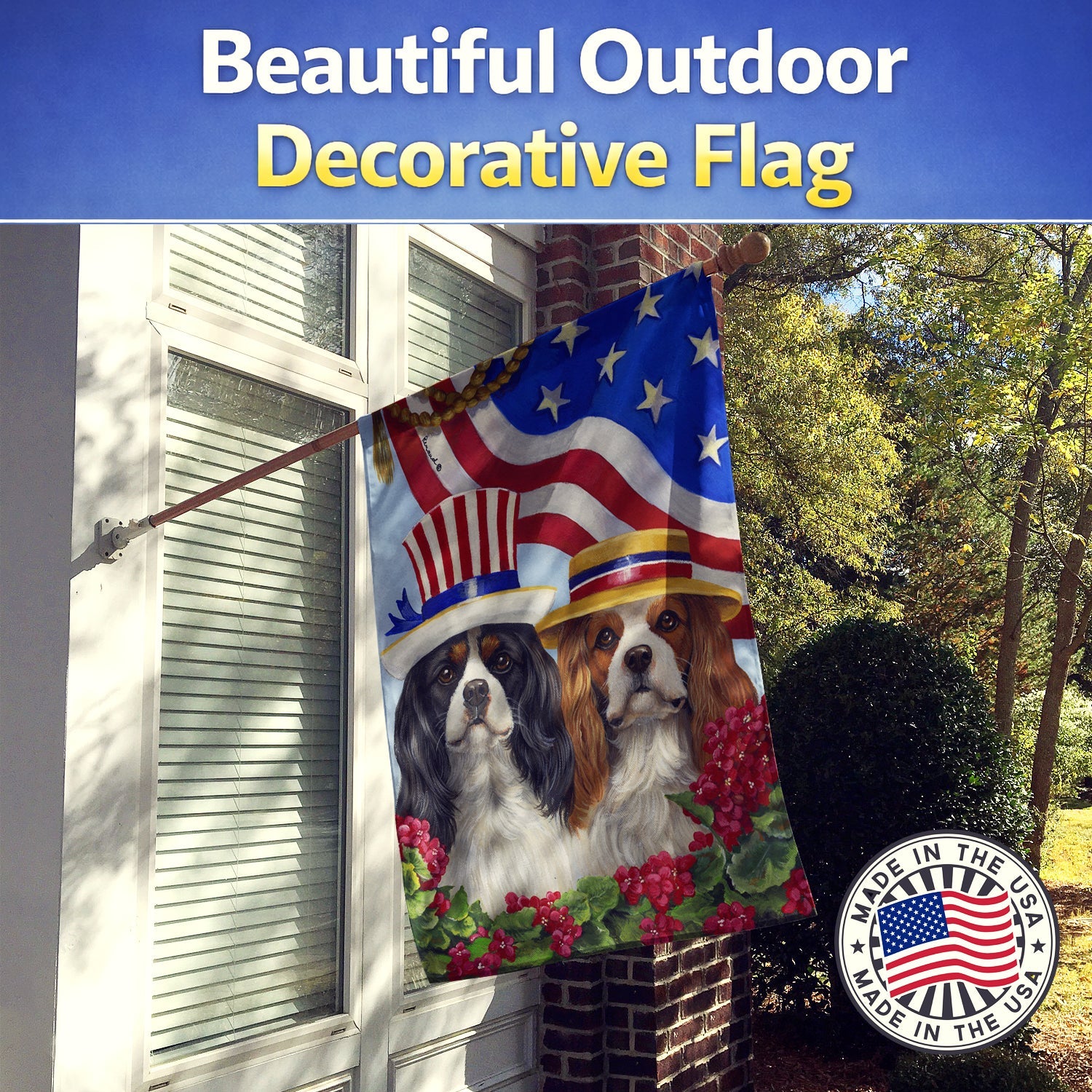 Cavalier Spaniel USA House Flag 28x40 Porch Sleeve Pole Decorative Outside Yard Banner Artwork Wall Hanging, Polyester