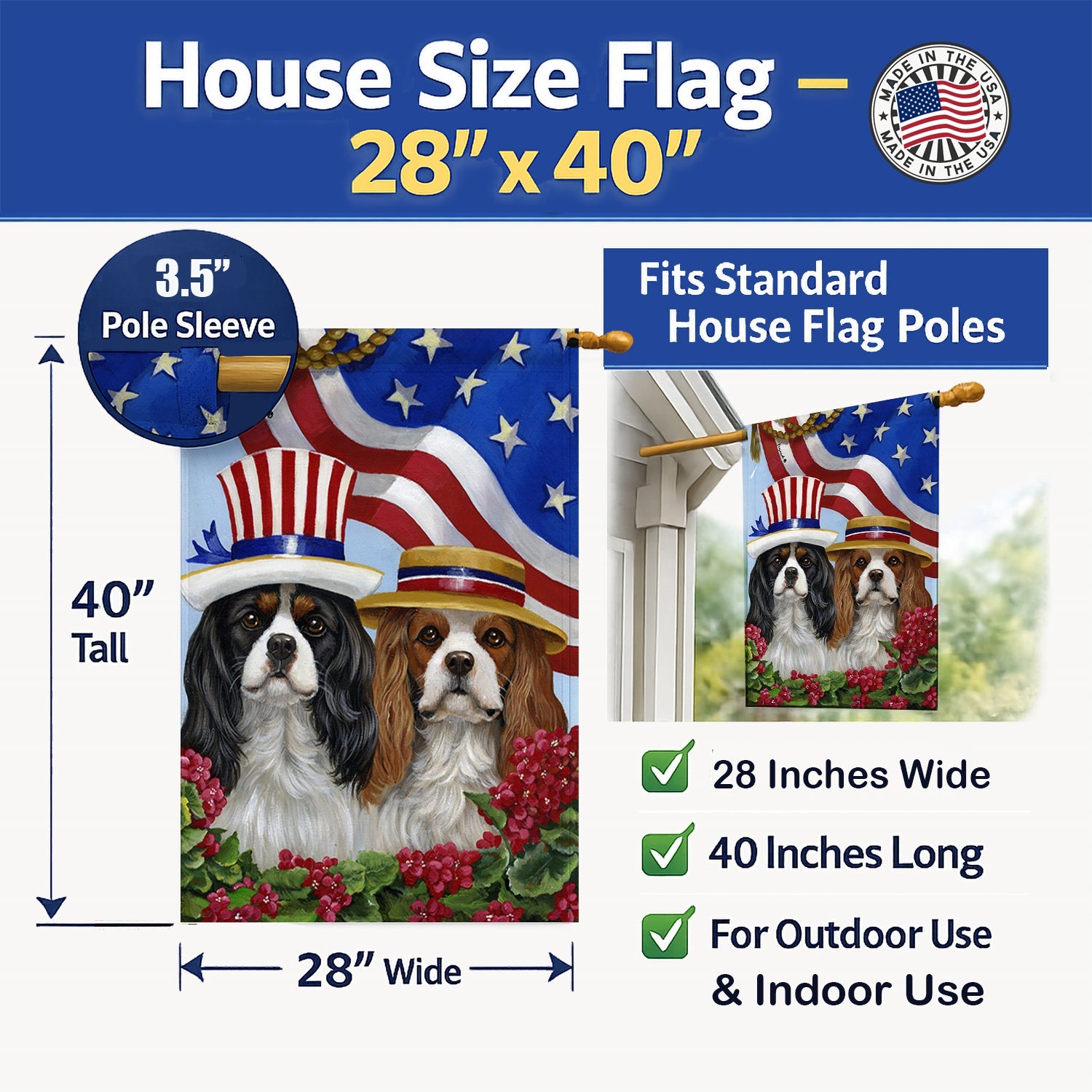 Cavalier Spaniel USA House Flag 28x40 Porch Sleeve Pole Decorative Outside Yard Banner Artwork Wall Hanging, Polyester