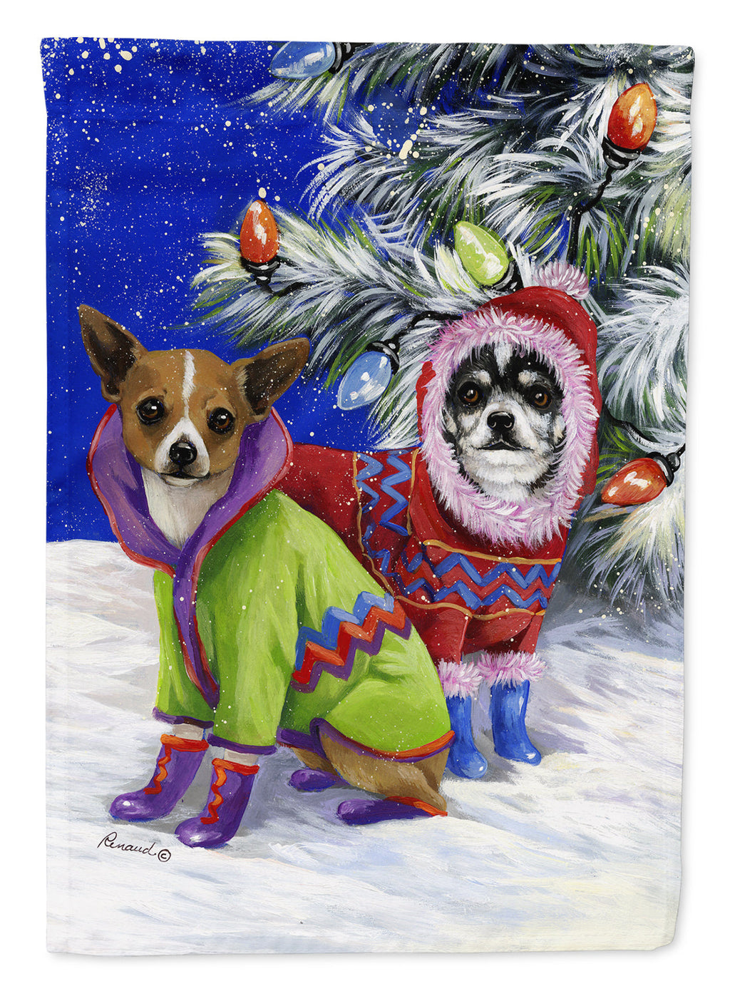 Chihuahua Christmas Snowflakes House Flag 28x40 Porch Sleeve Pole Decorative Outside Yard Banner Artwork Wall Hanging, Polyester