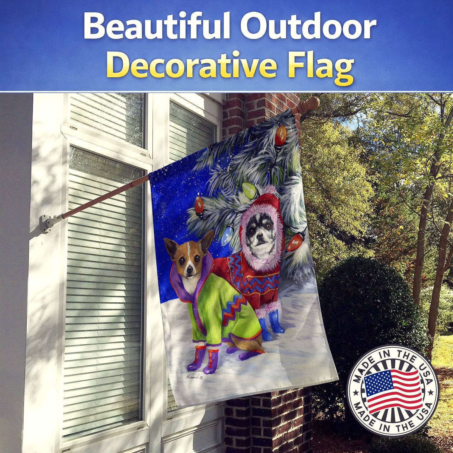 Chihuahua Christmas Snowflakes House Flag 28x40 Porch Sleeve Pole Decorative Outside Yard Banner Artwork Wall Hanging, Polyester