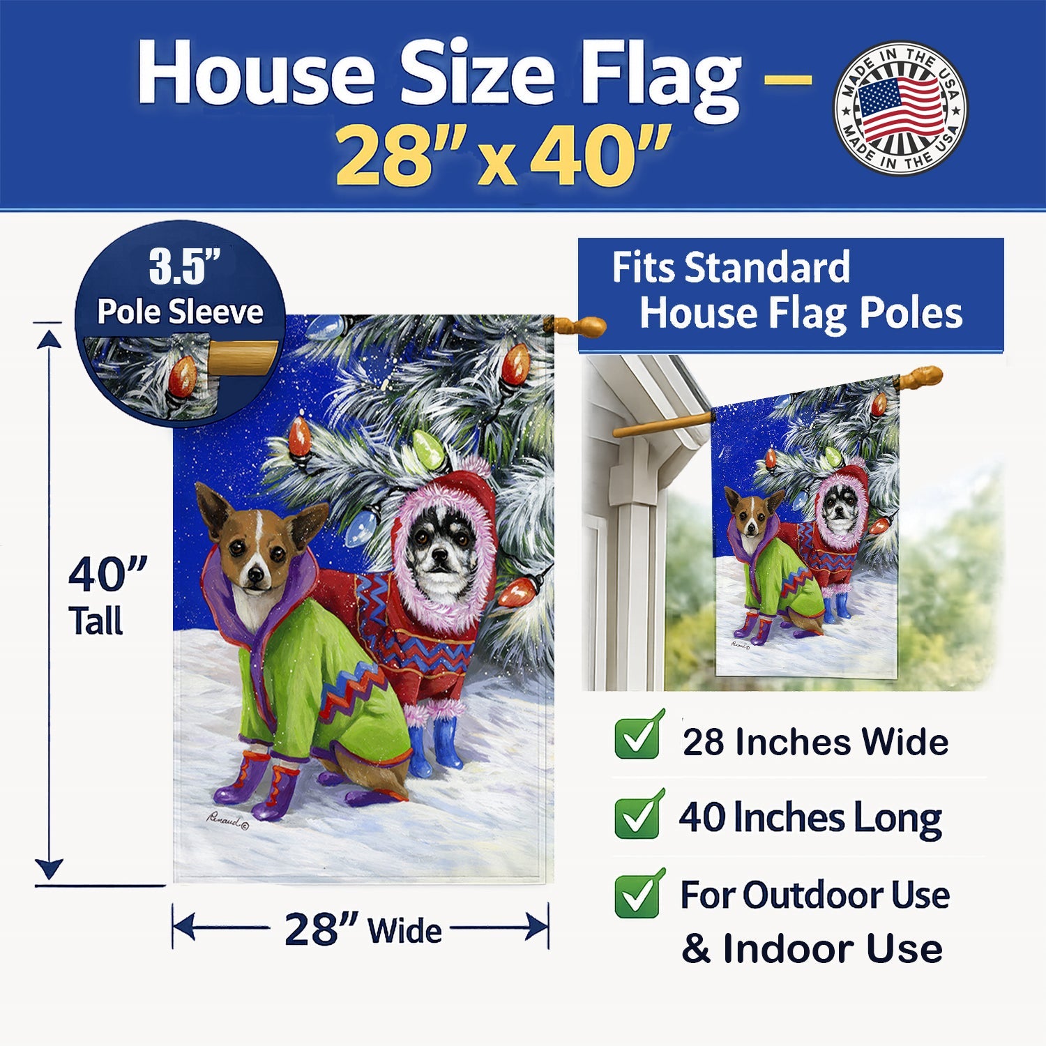 Chihuahua Christmas Snowflakes House Flag 28x40 Porch Sleeve Pole Decorative Outside Yard Banner Artwork Wall Hanging, Polyester
