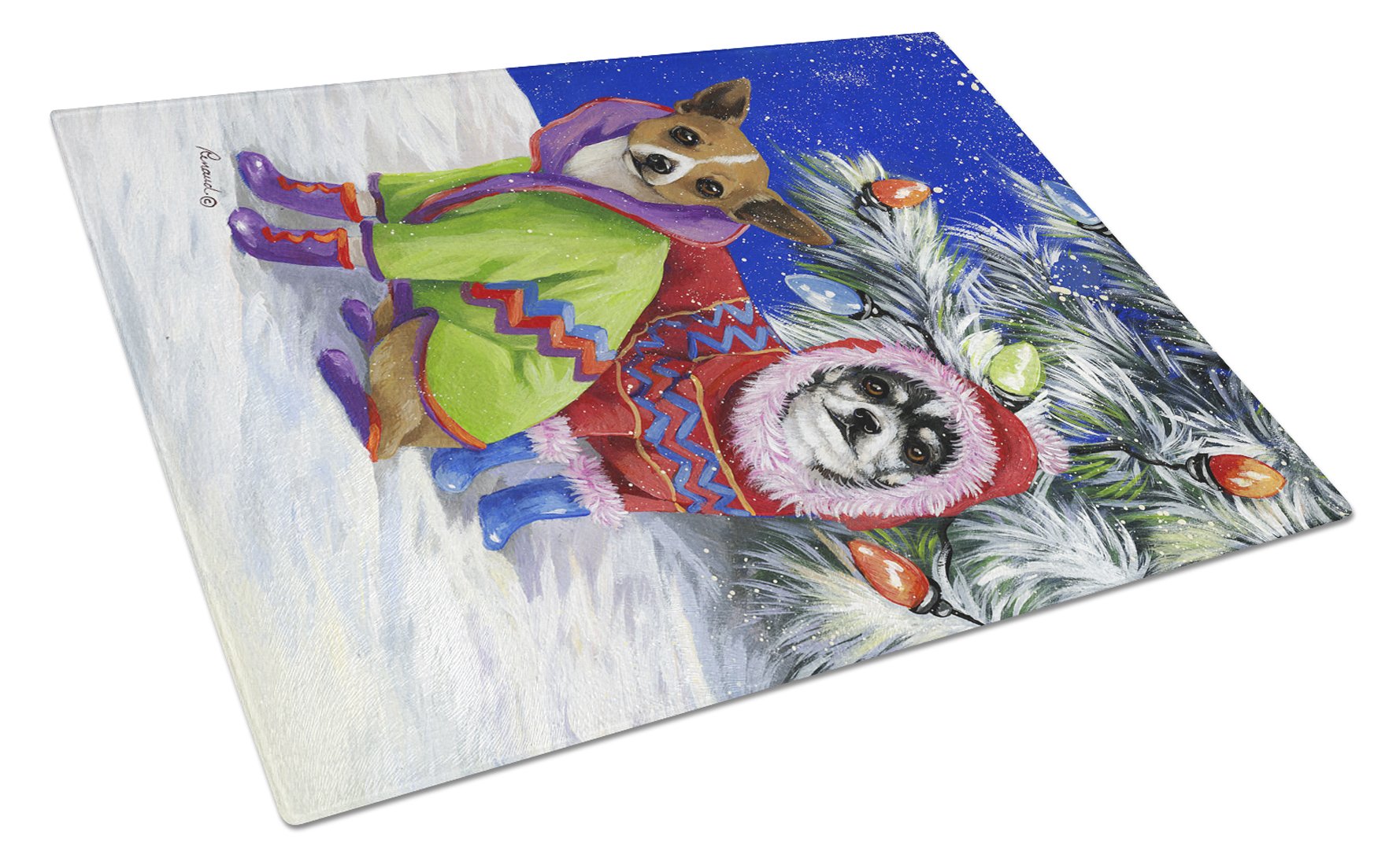 Chihuahua Christmas Snowflakes Cutting Board Tempered Glass Kitchen Cutting Surface, Heat Resistant Chopping, Non-Slip Feet, Food Prep & Serving