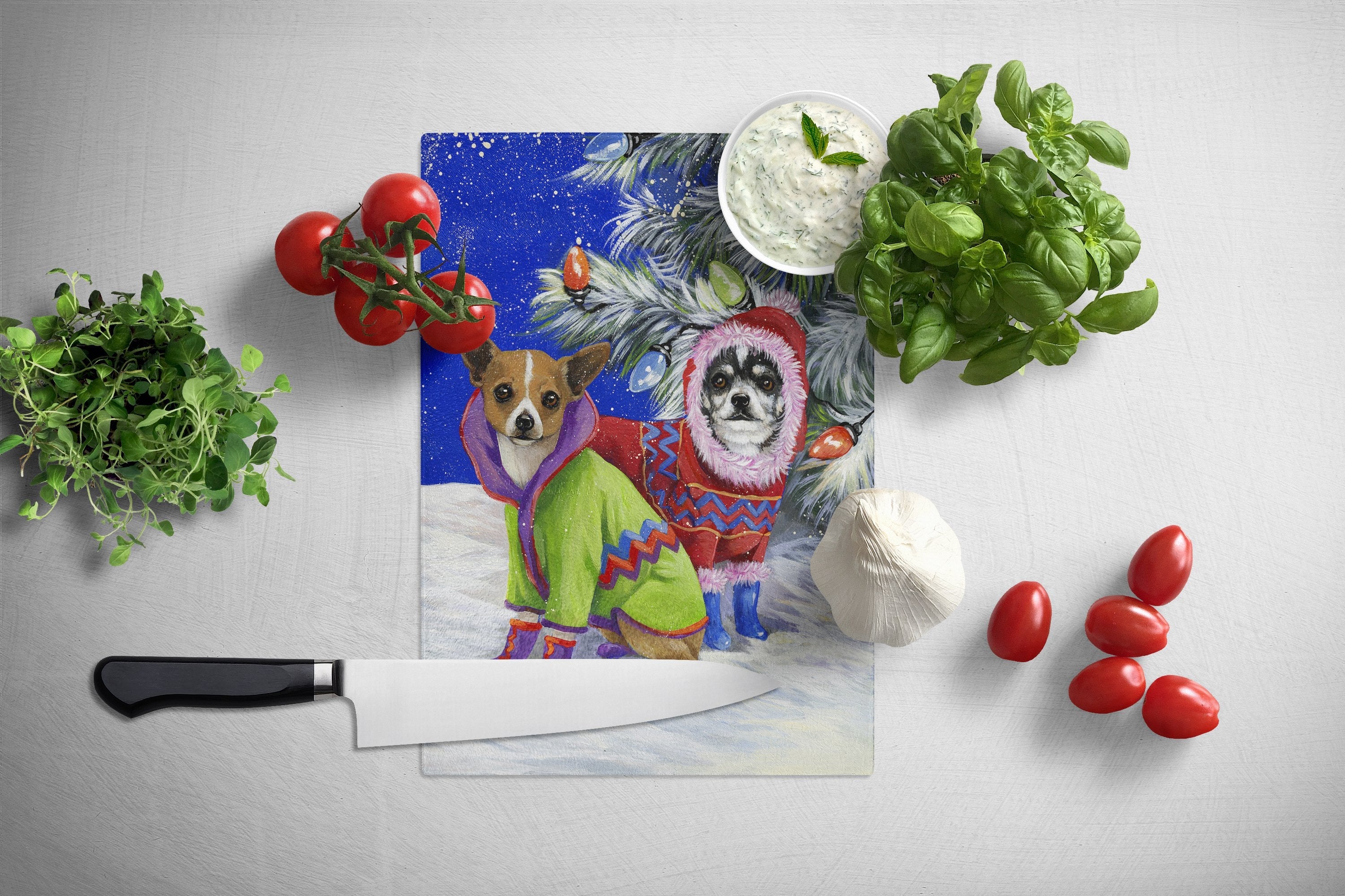 Chihuahua Christmas Snowflakes Cutting Board Tempered Glass Kitchen Cutting Surface, Heat Resistant Chopping, Non-Slip Feet, Food Prep & Serving