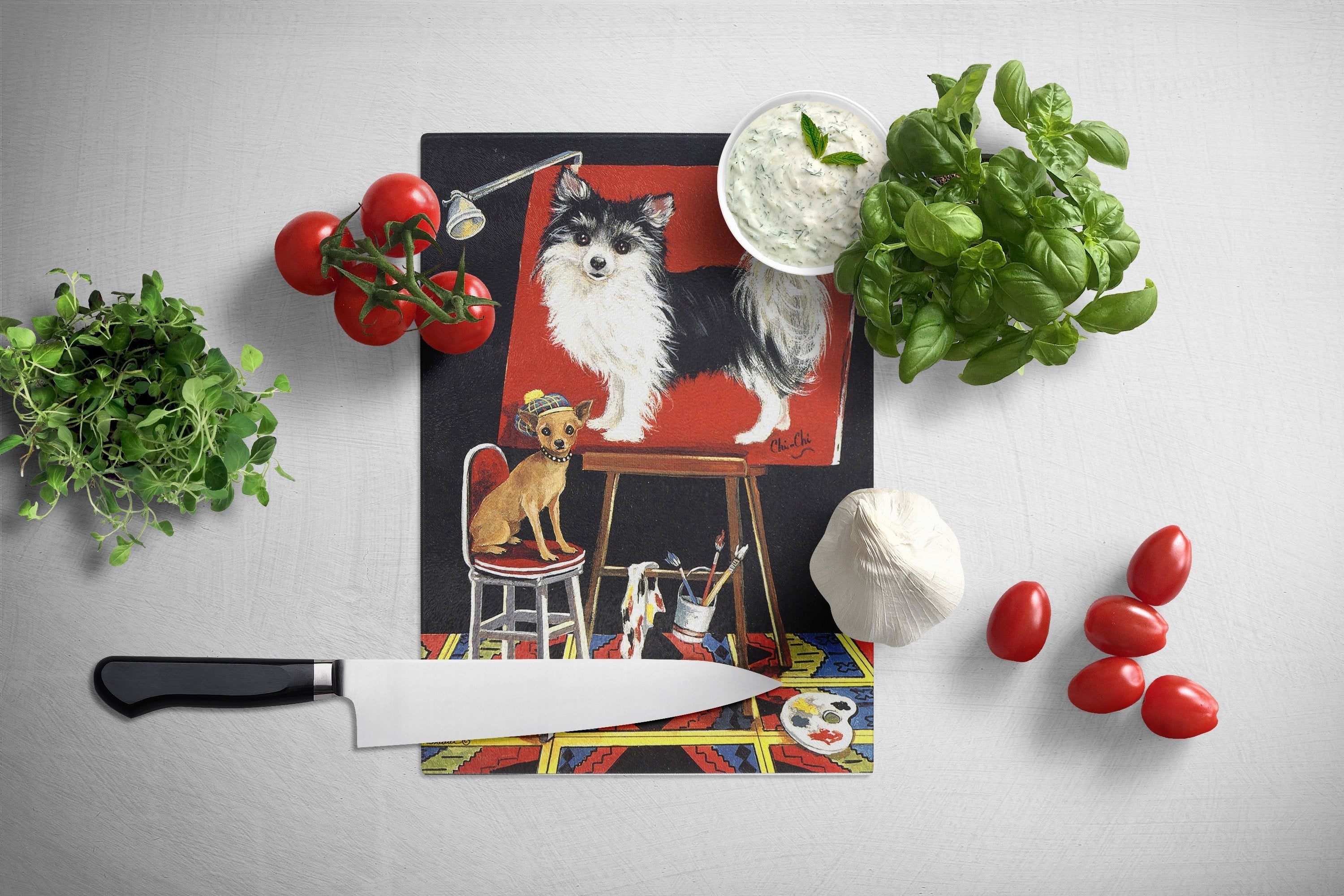 Chihuahua Think Big Cutting Board Tempered Glass Kitchen Cutting Surface, Heat Resistant Chopping, Non-Slip Feet, Food Prep & Serving