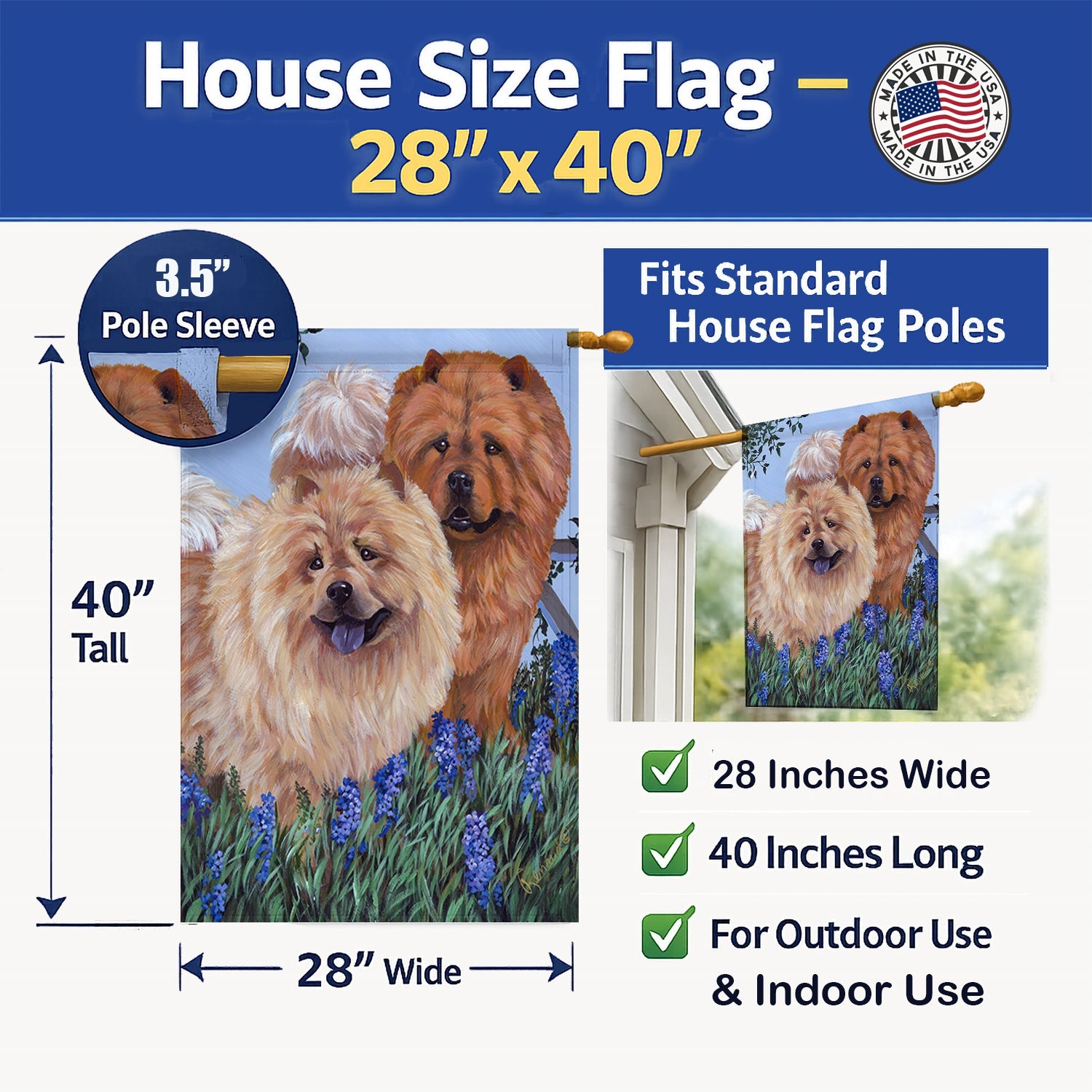 Chow Chow Meadow House Flag 28x40 Porch Sleeve Pole Decorative Outside Yard Banner Artwork Wall Hanging, Polyester