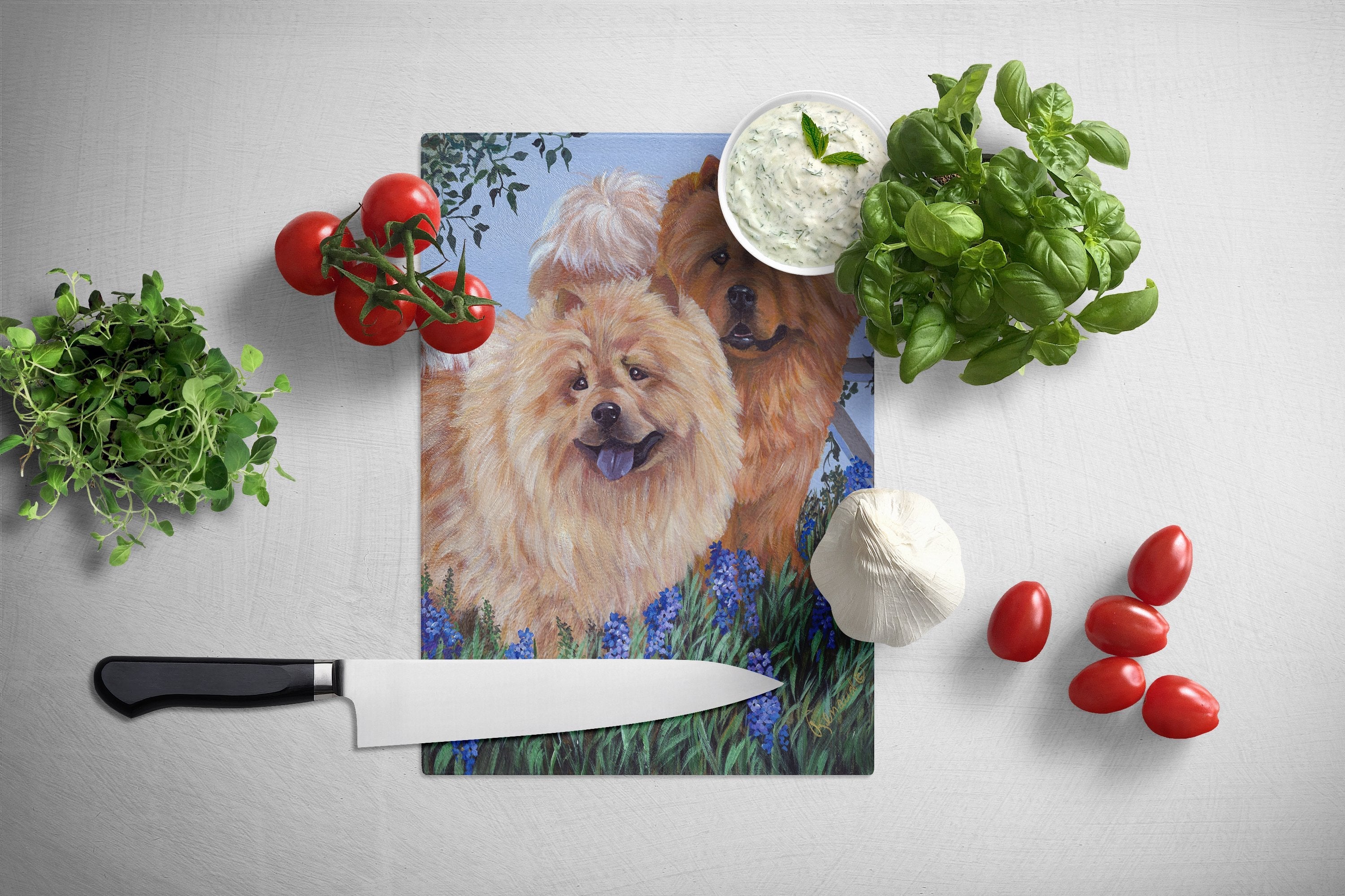 Chow Chow Meadow Cutting Board Tempered Glass Kitchen Cutting Surface, Heat Resistant Chopping, Non-Slip Feet, Food Prep & Serving