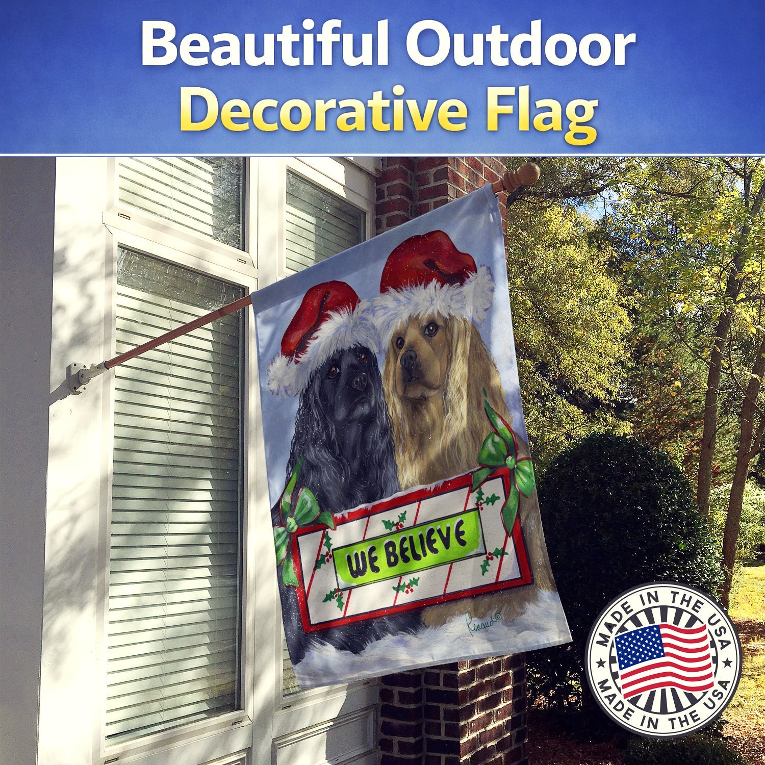 Cocker Spaniel Christmas House Flag 28x40 Porch Sleeve Pole Decorative Outside Yard Banner Artwork Wall Hanging, Polyester