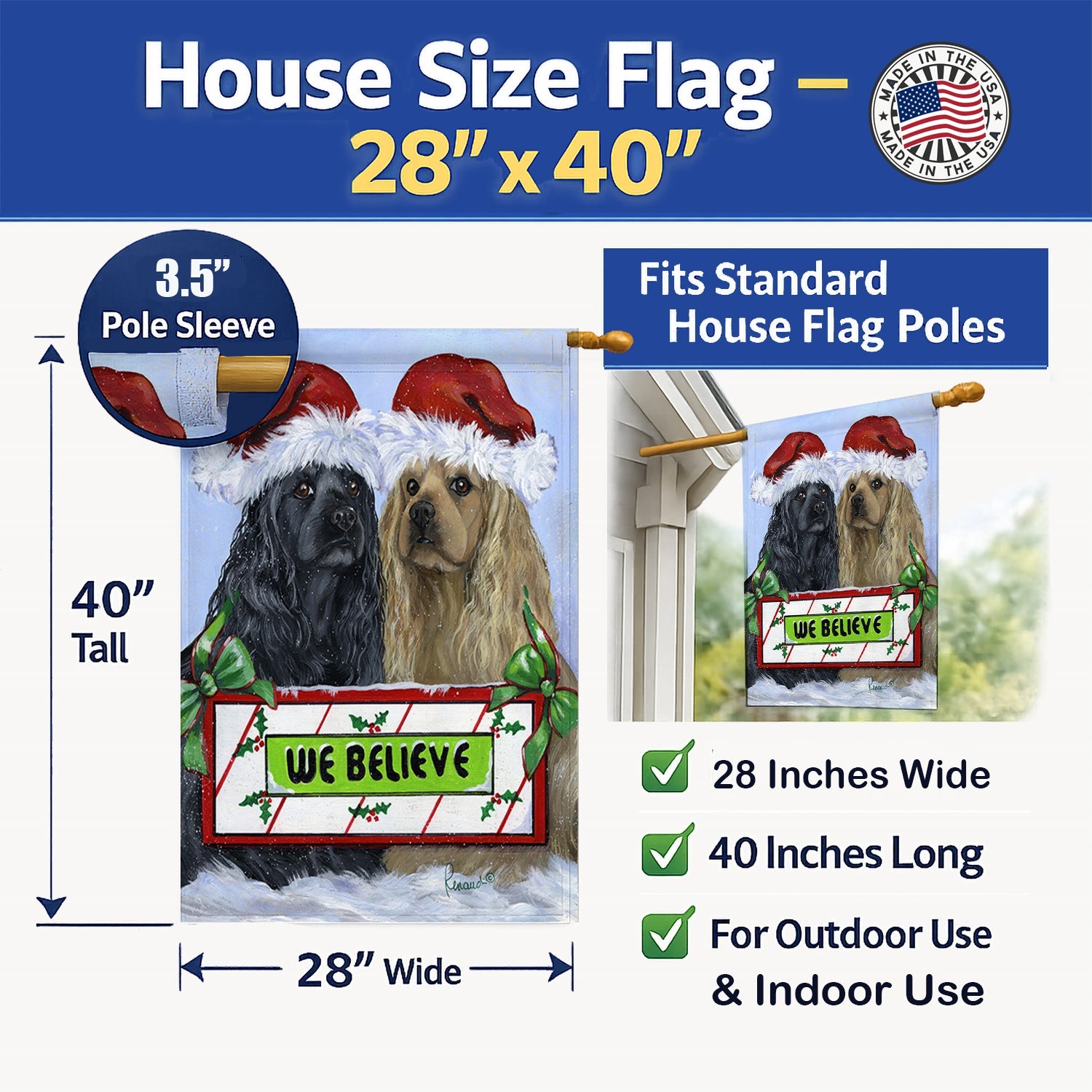 Cocker Spaniel Christmas House Flag 28x40 Porch Sleeve Pole Decorative Outside Yard Banner Artwork Wall Hanging, Polyester