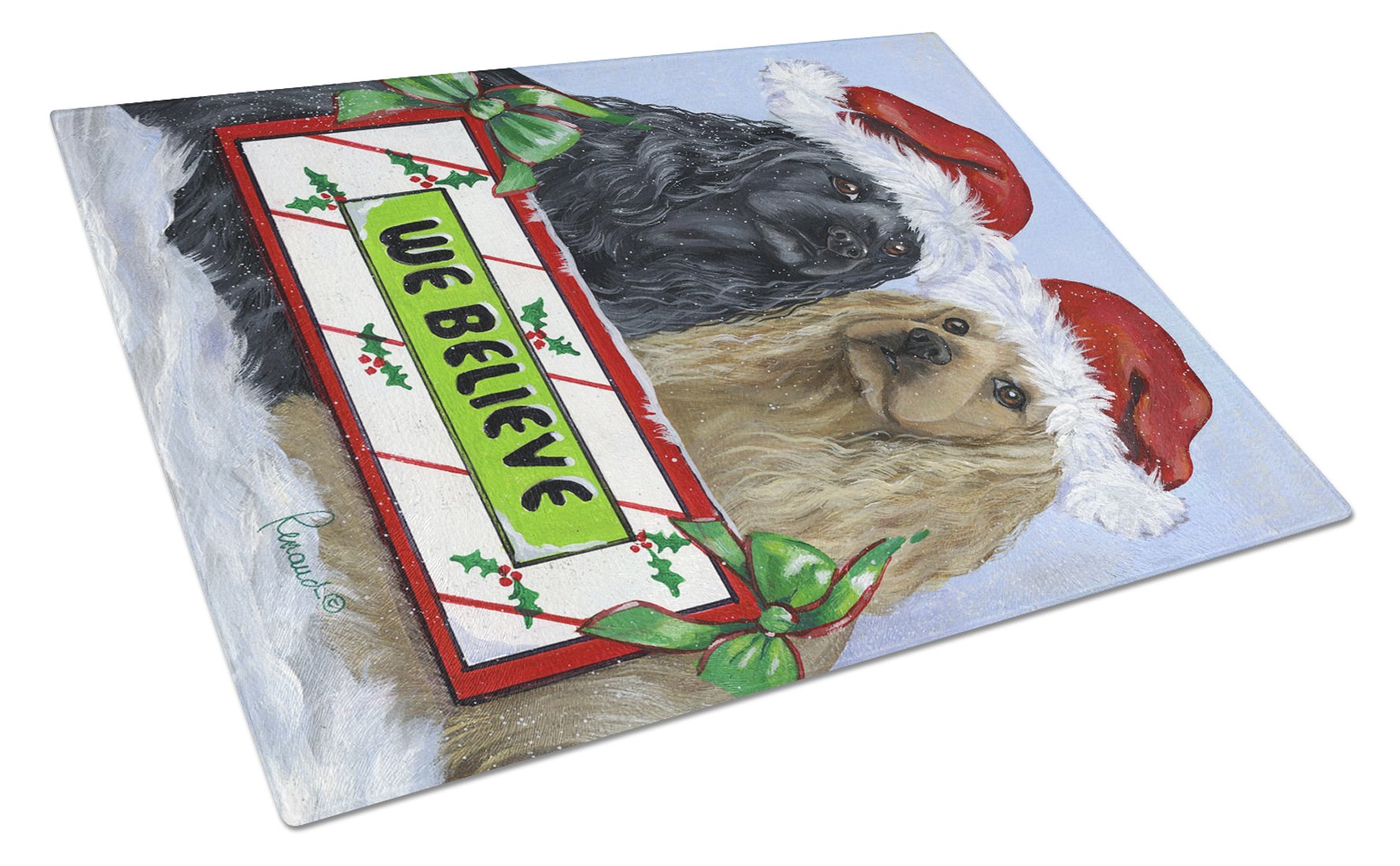 Cocker Spaniel Christmas Cutting Board Tempered Glass Kitchen Cutting Surface, Heat Resistant Chopping, Non-Slip Feet, Food Prep & Serving