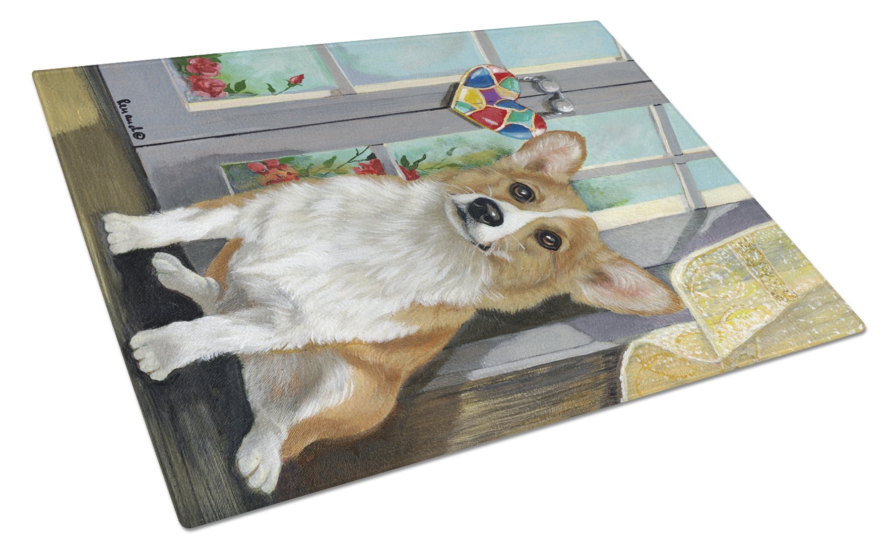 Corgi Suncatcher Cutting Board Tempered Glass Kitchen Cutting Surface, Heat Resistant Chopping, Non-Slip Feet, Food Prep & Serving