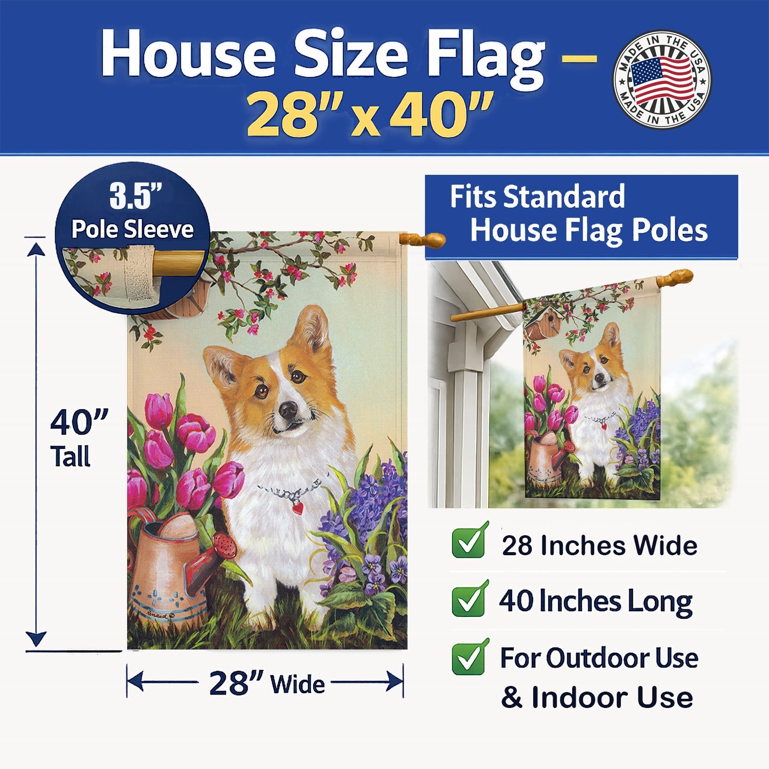 Corgi Sunshine House Flag 28x40 Porch Sleeve Pole Decorative Outside Yard Banner Artwork Wall Hanging, Polyester