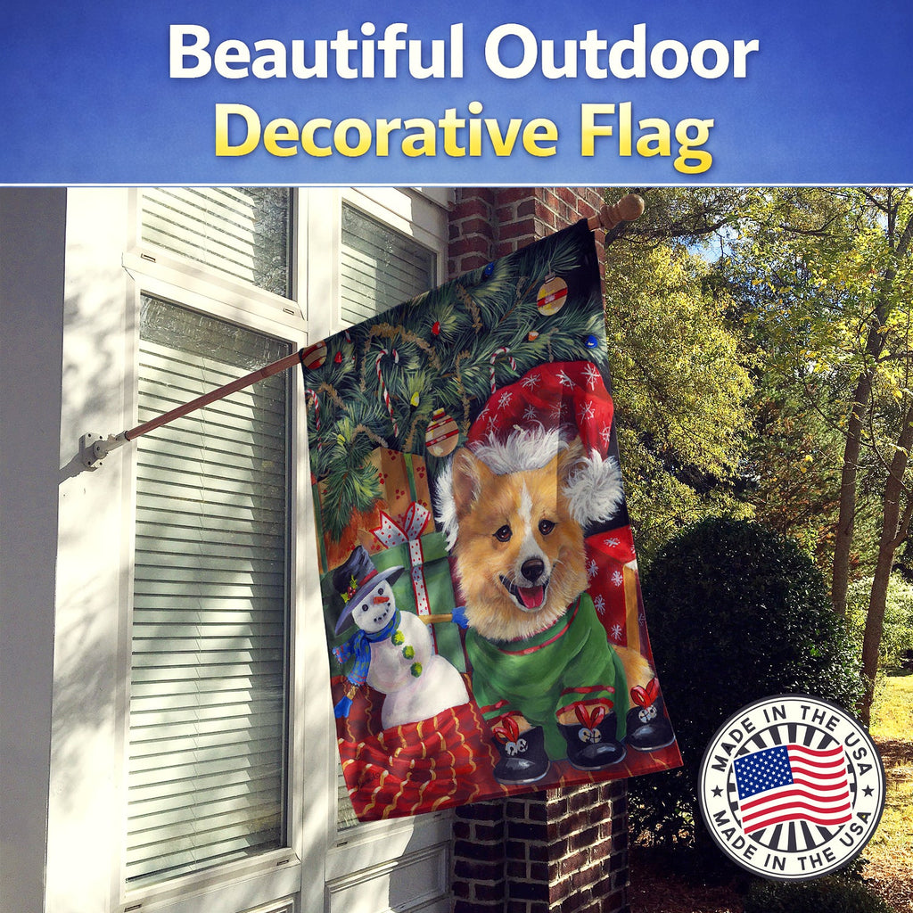 Corgi Under my Christmas Tree House Flag 28x40 Porch Sleeve Pole Decorative Outside Yard Banner Artwork Wall Hanging, Polyester