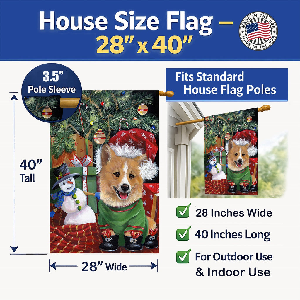 Corgi Under my Christmas Tree House Flag 28x40 Porch Sleeve Pole Decorative Outside Yard Banner Artwork Wall Hanging, Polyester
