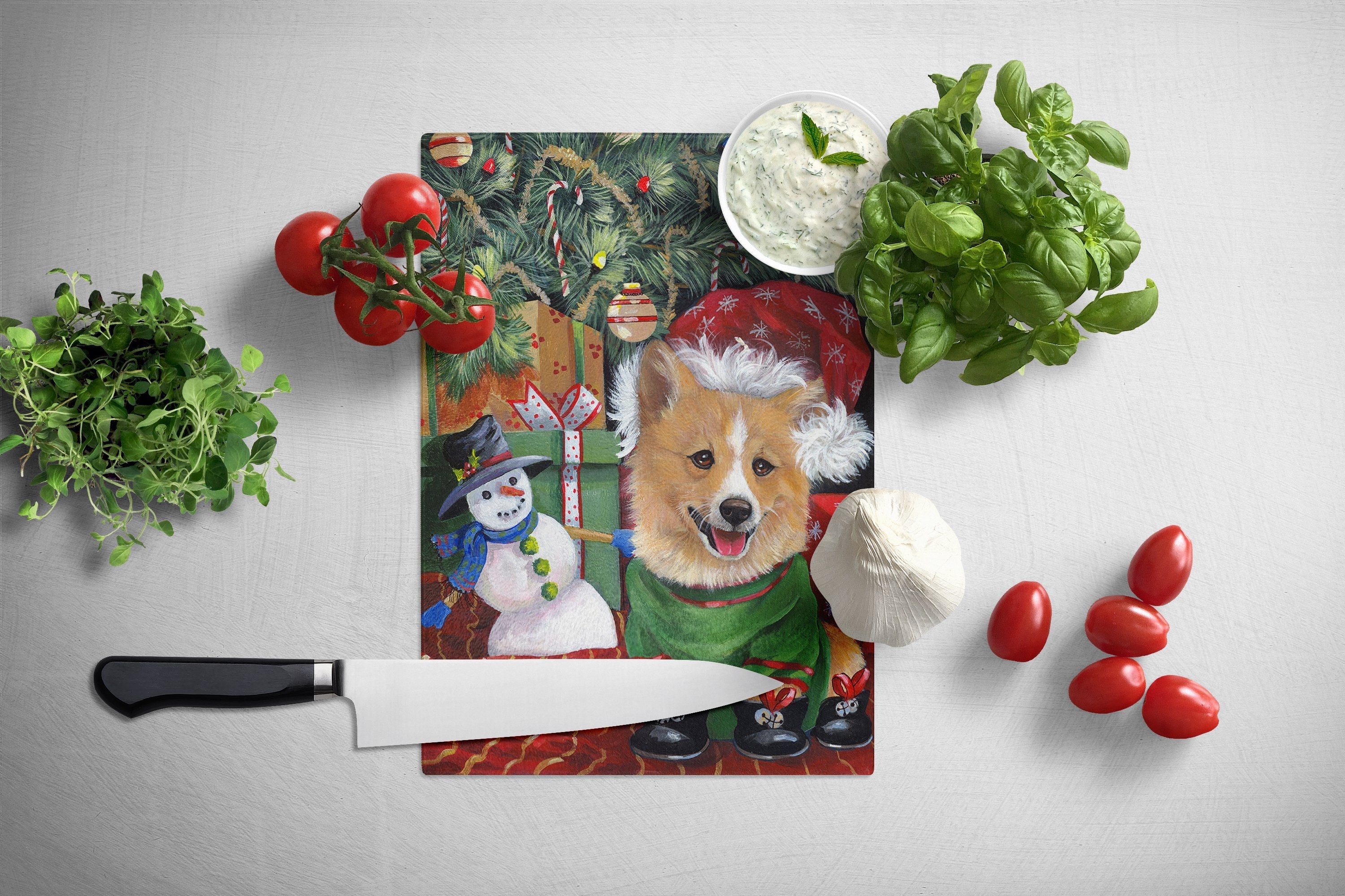 Corgi Under my Christmas Tree Cutting Board Tempered Glass Kitchen Cutting Surface, Heat Resistant Chopping, Non-Slip Feet, Food Prep & Serving