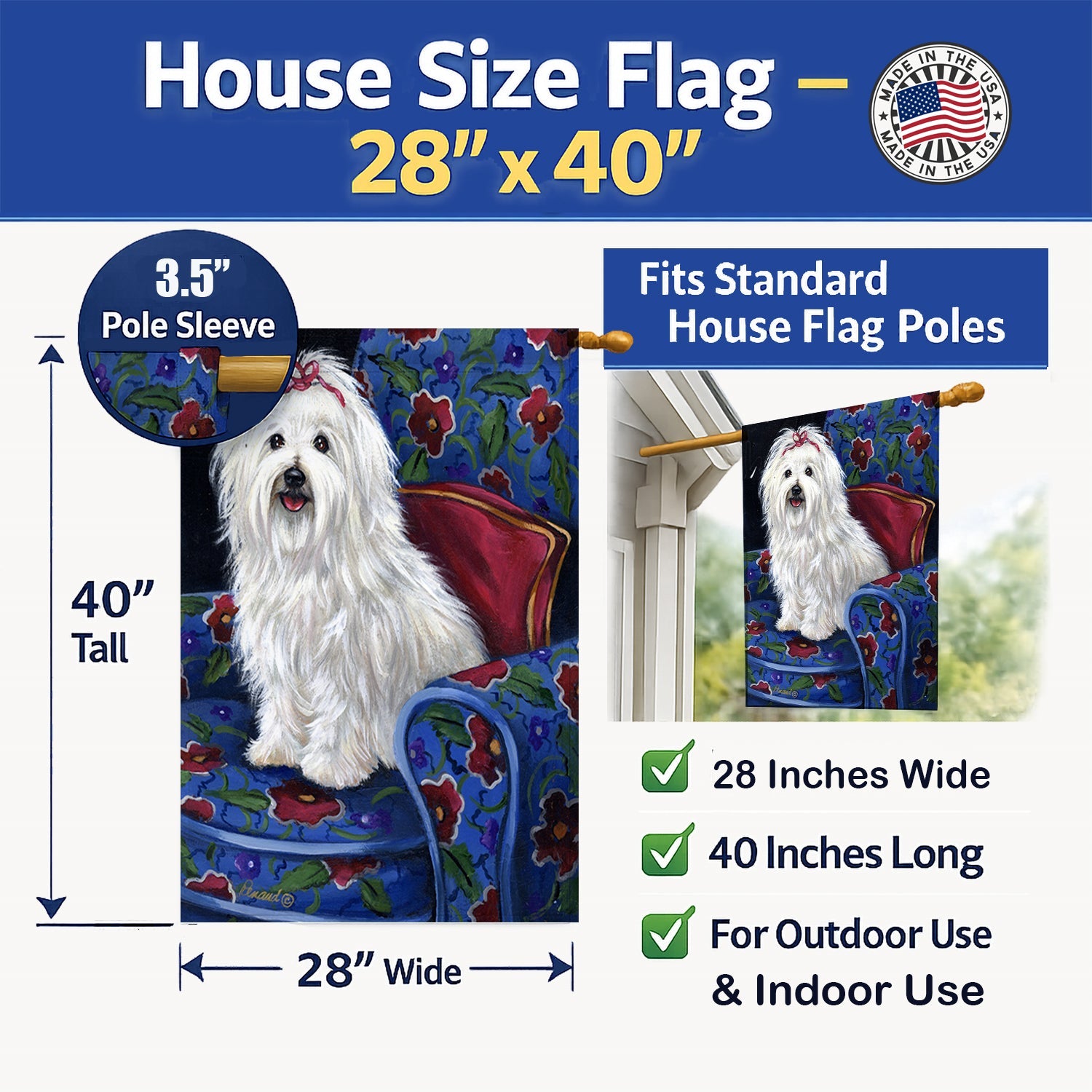 Coton De Tulear Royalty House Flag 28x40 Porch Sleeve Pole Decorative Outside Yard Banner Artwork Wall Hanging, Polyester