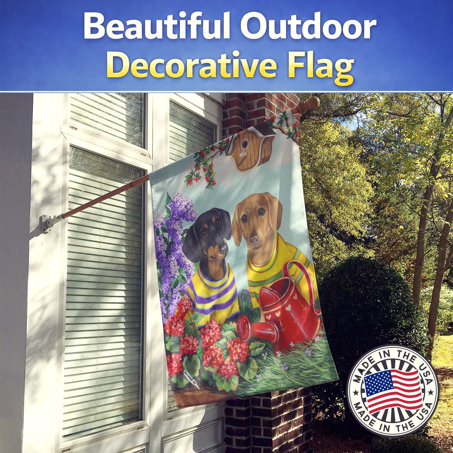 Dachshund Blooms House Flag 28x40 Porch Sleeve Pole Decorative Outside Yard Banner Artwork Wall Hanging, Polyester