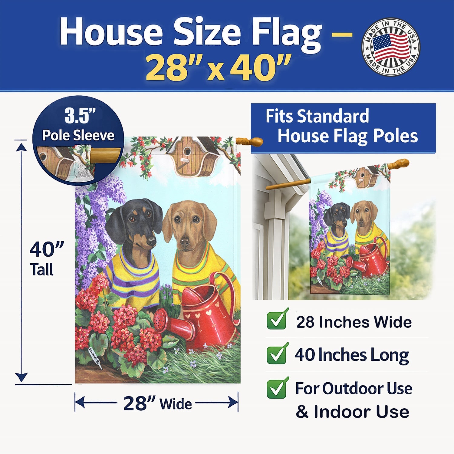 Dachshund Blooms House Flag 28x40 Porch Sleeve Pole Decorative Outside Yard Banner Artwork Wall Hanging, Polyester